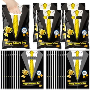 Spakon 100 Pcs Father's Day Gift Bags with Handle Happy Father's Day Plastic Goody Treat Party Favor Bags for Dad Theme Party Birthday Supplies, Black, 9.84''x6.5''