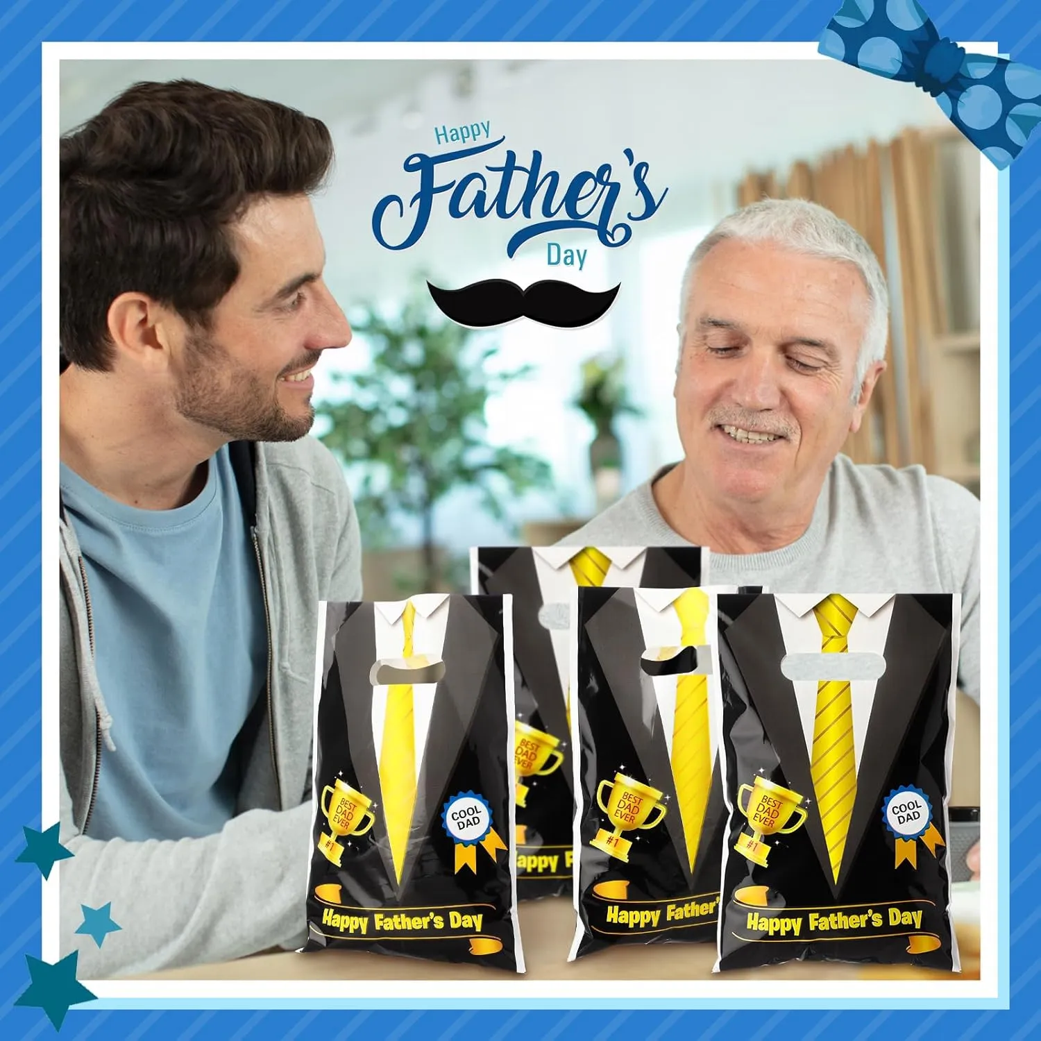 Spakon 100 Pcs Father's Day Gift Bags with Handle Happy Father's Day Plastic Goody Treat Party Favor Bags for Dad Theme Party Birthday Supplies, Black, 9.84''x6.5''
