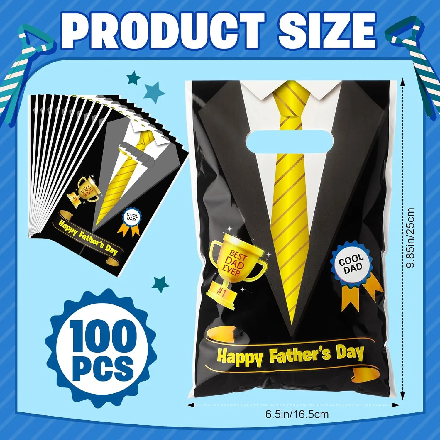 Spakon 100 Pcs Father's Day Gift Bags with Handle Happy Father's Day Plastic Goody Treat Party Favor Bags for Dad Theme Party Birthday Supplies, Black, 9.84''x6.5''