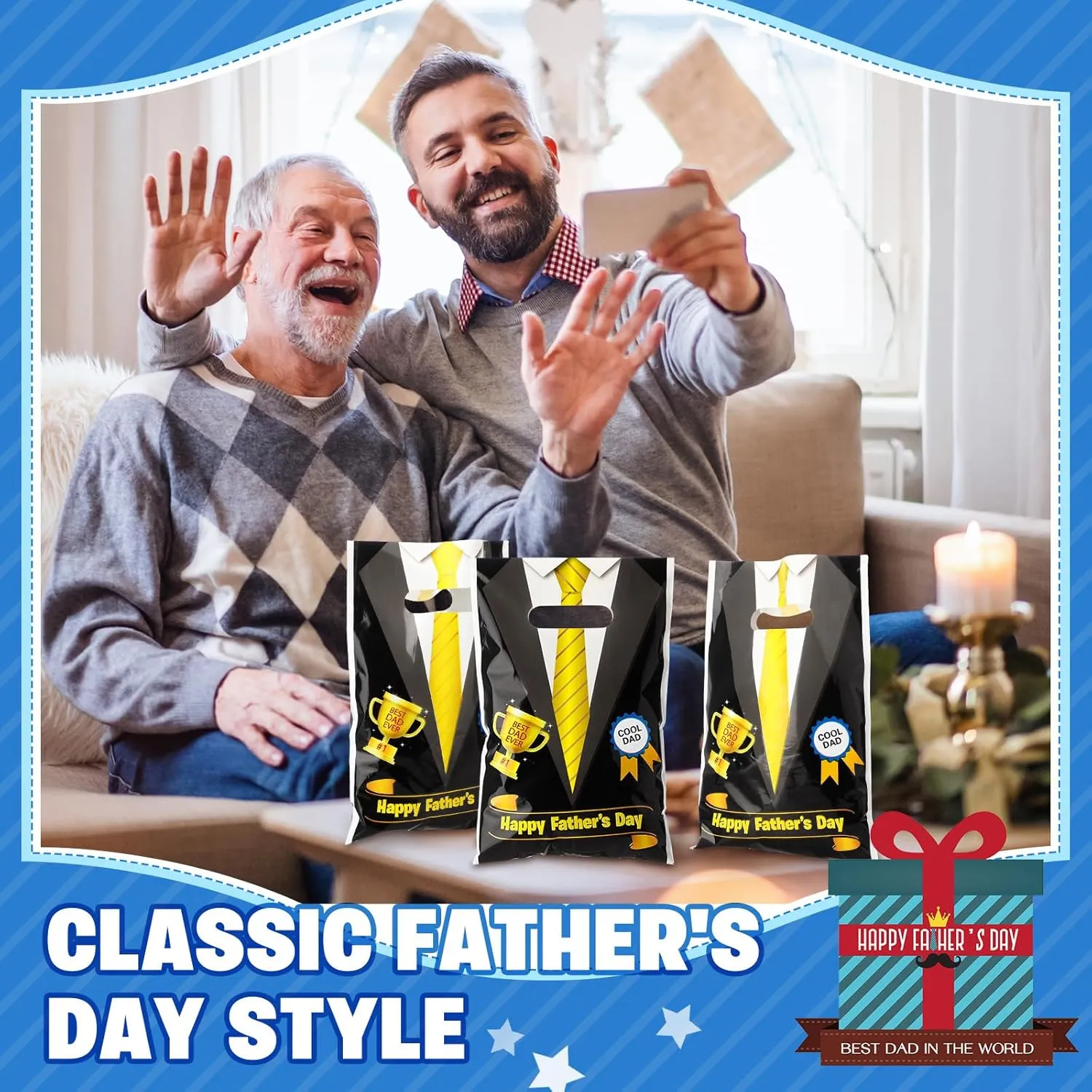 Spakon 100 Pcs Father's Day Gift Bags with Handle Happy Father's Day Plastic Goody Treat Party Favor Bags for Dad Theme Party Birthday Supplies, Black, 9.84''x6.5''