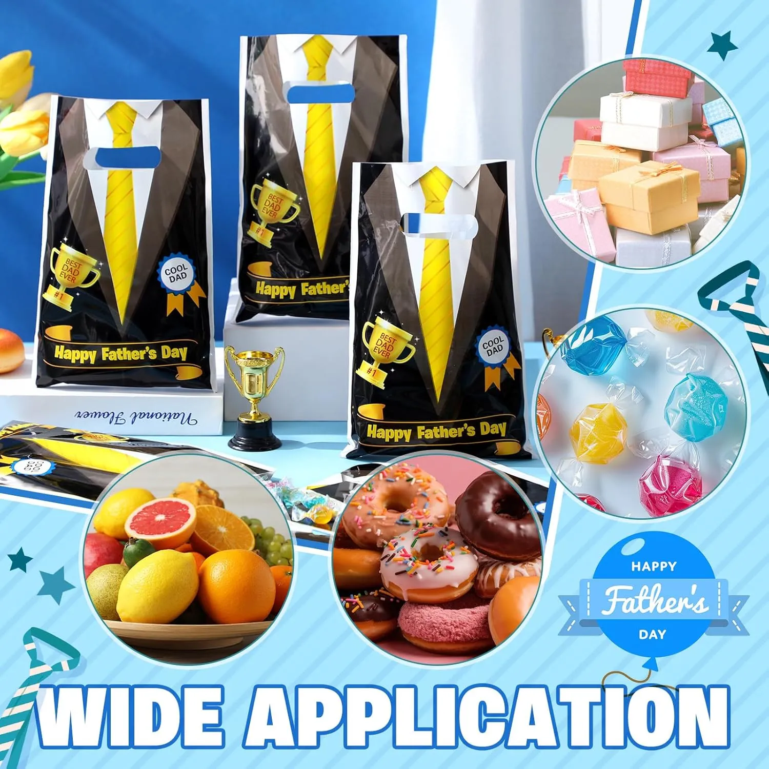 Spakon 100 Pcs Father's Day Gift Bags with Handle Happy Father's Day Plastic Goody Treat Party Favor Bags for Dad Theme Party Birthday Supplies, Black, 9.84''x6.5''