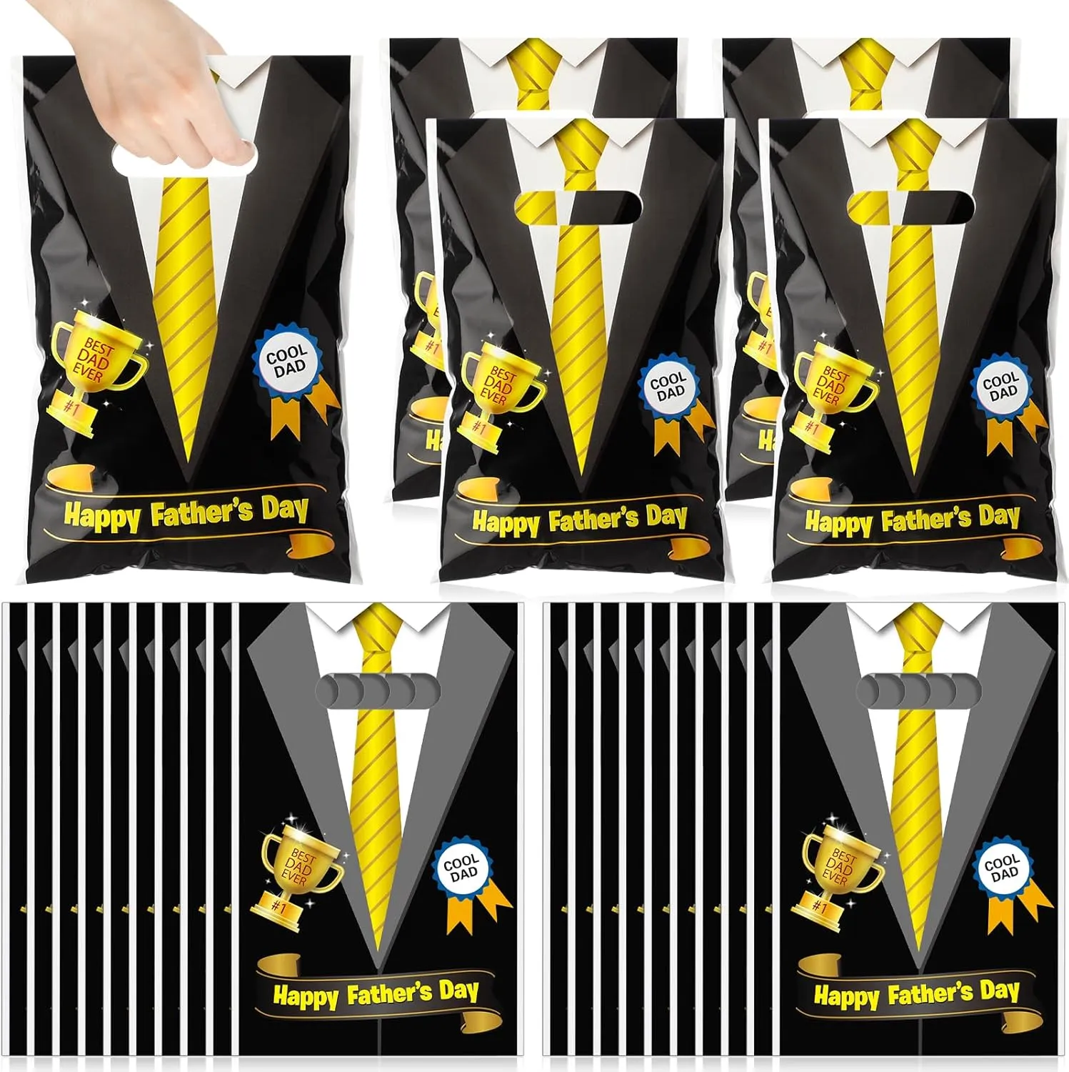 Spakon 100 Pcs Father's Day Gift Bags with Handle Happy Father's Day Plastic Goody Treat Party Favor Bags for Dad Theme Party Birthday Supplies, Black, 9.84''x6.5''