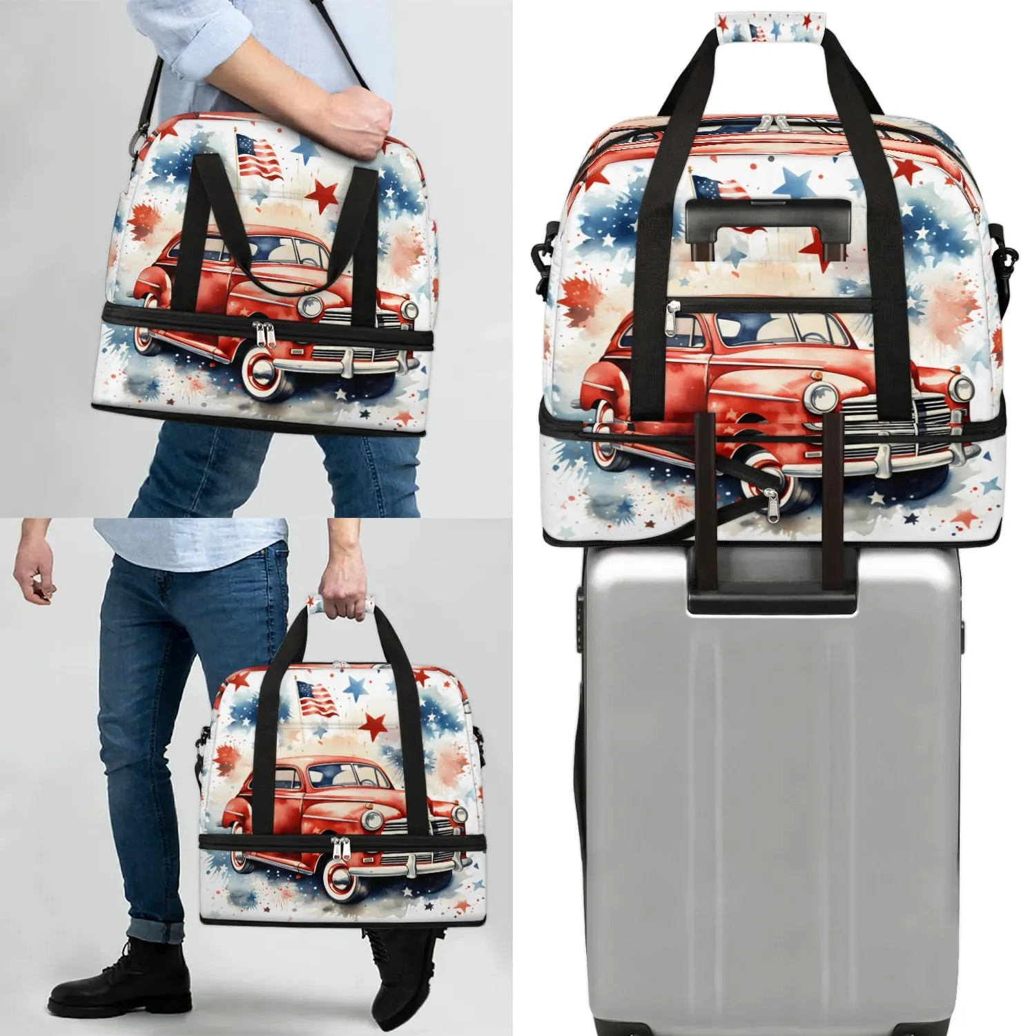 Sports Duffel Bag, Foldable 4th of July Travel Duffel Bag, Gym Yoga Beach Bag Weekender Overnight Bag with Shoes Compartment for Men Women, Flag Stars
