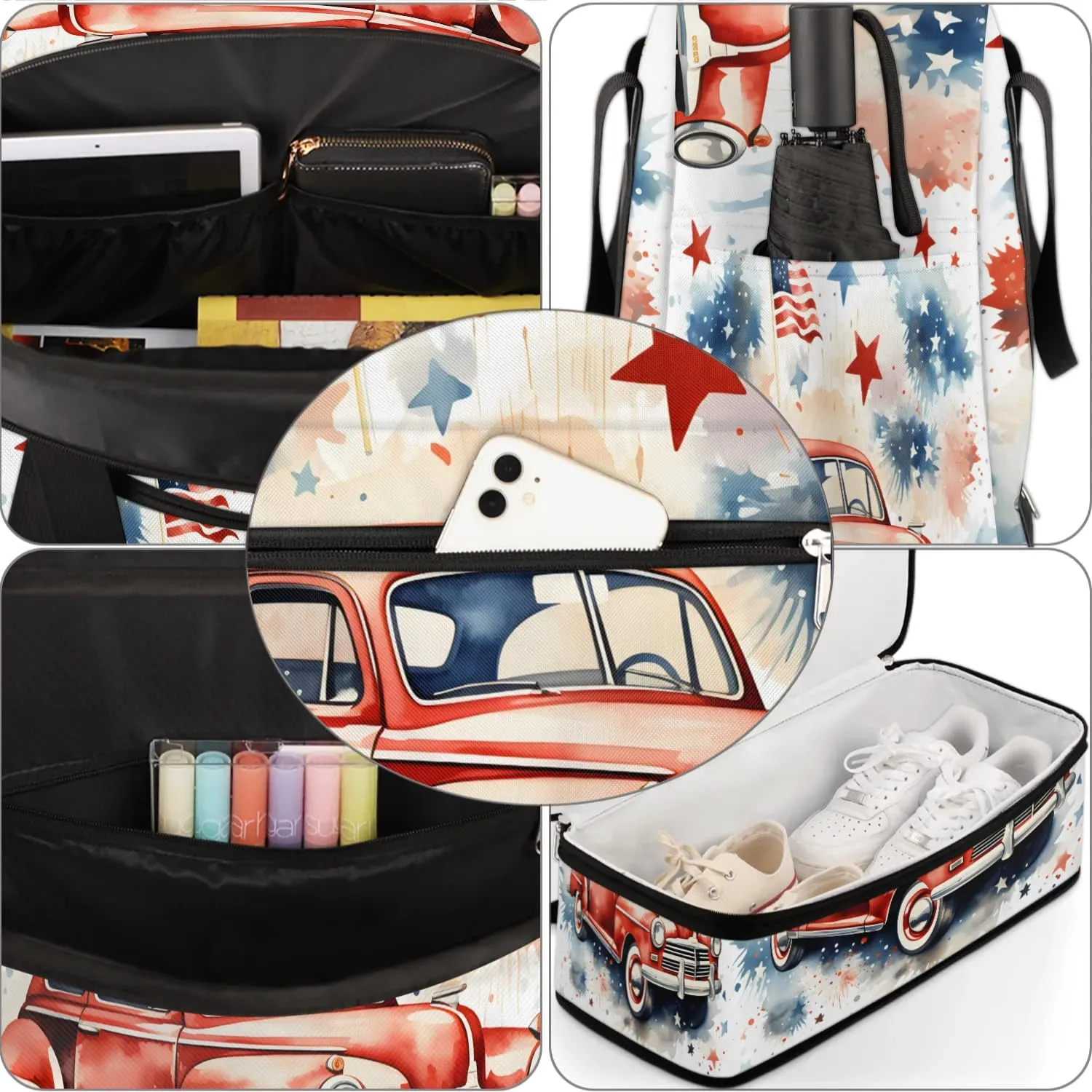Sports Duffel Bag, Foldable 4th of July Travel Duffel Bag, Gym Yoga Beach Bag Weekender Overnight Bag with Shoes Compartment for Men Women, Flag Stars