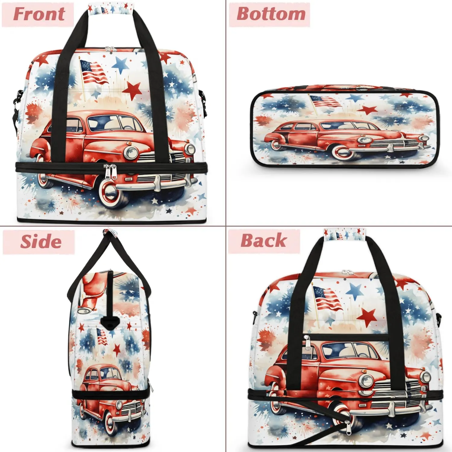 Sports Duffel Bag, Foldable 4th of July Travel Duffel Bag, Gym Yoga Beach Bag Weekender Overnight Bag with Shoes Compartment for Men Women, Flag Stars