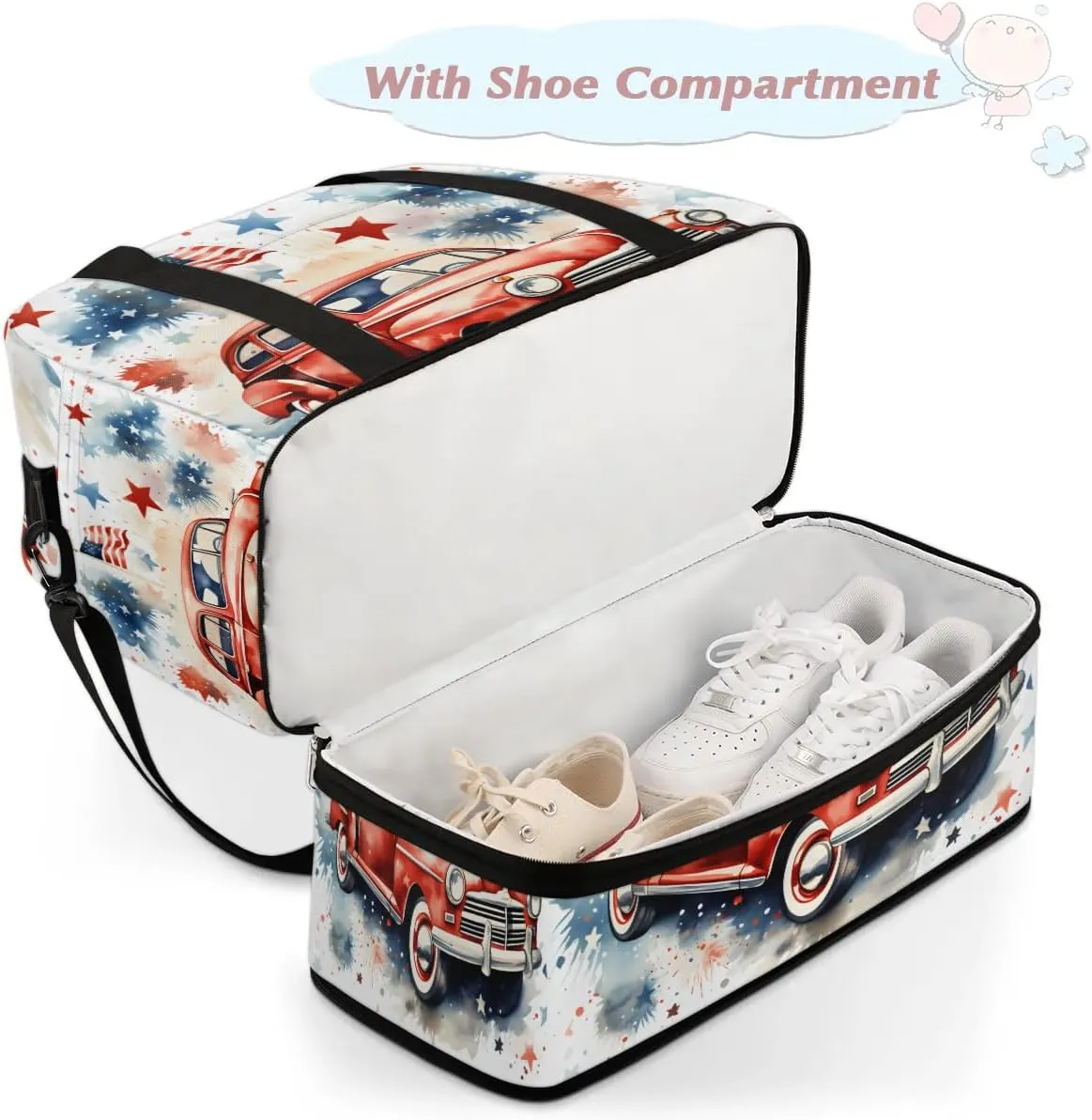 Sports Duffel Bag, Foldable 4th of July Travel Duffel Bag, Gym Yoga Beach Bag Weekender Overnight Bag with Shoes Compartment for Men Women, Flag Stars