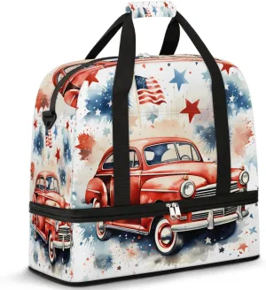 Sports Duffel Bag, Foldable 4th of July Travel Duffel Bag, Gym Yoga Beach Bag Weekender Overnight Bag with Shoes Compartment for Men Women, Flag Stars