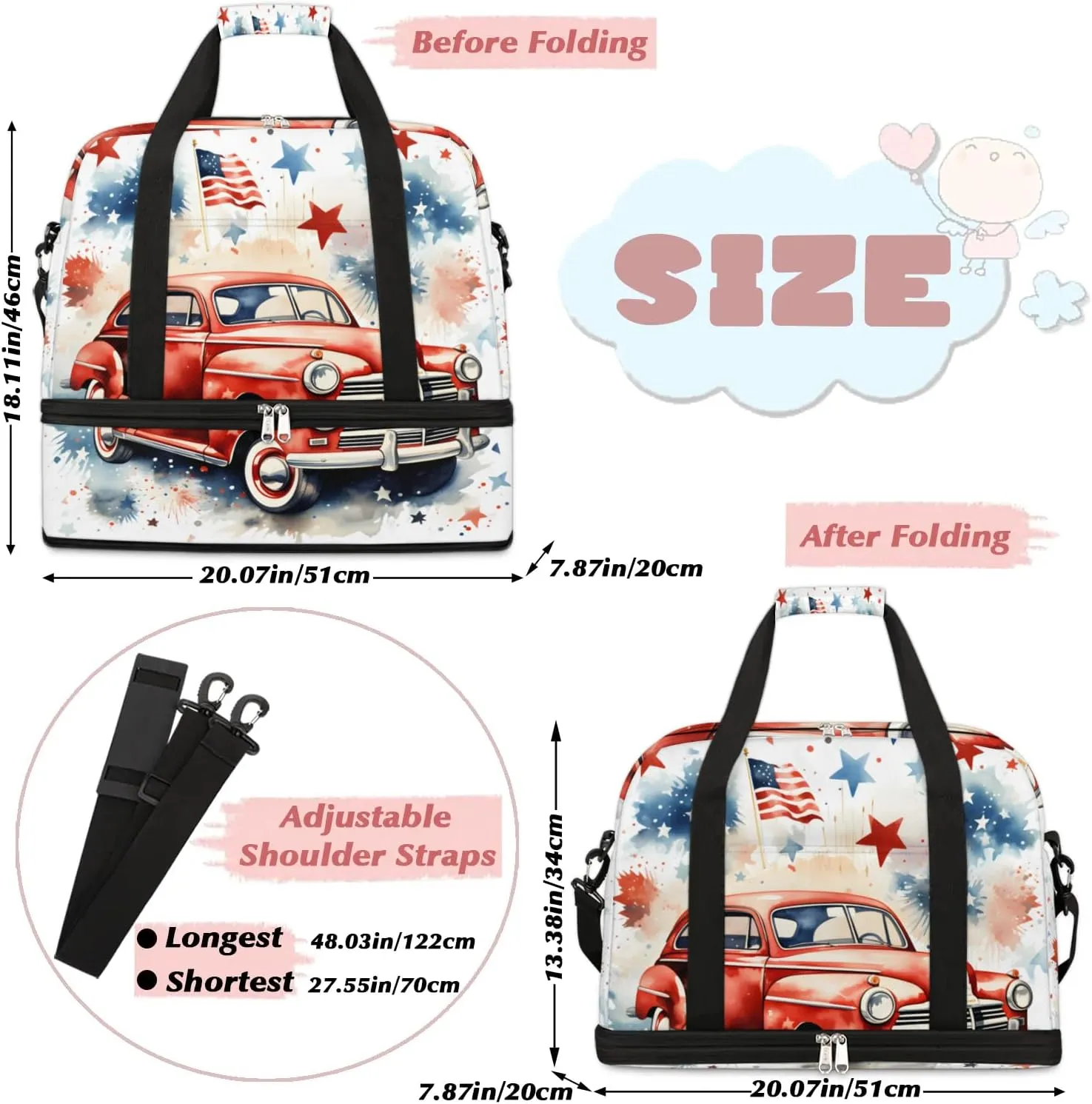 Sports Duffel Bag, Foldable 4th of July Travel Duffel Bag, Gym Yoga Beach Bag Weekender Overnight Bag with Shoes Compartment for Men Women, Flag Stars