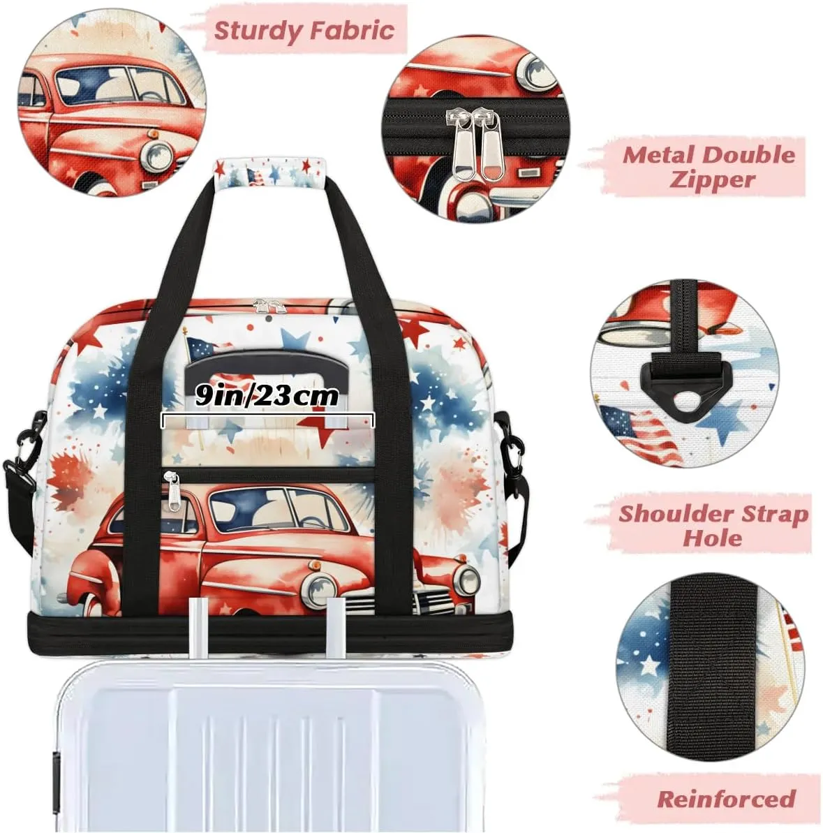 Sports Duffel Bag, Foldable 4th of July Travel Duffel Bag, Gym Yoga Beach Bag Weekender Overnight Bag with Shoes Compartment for Men Women, Flag Stars