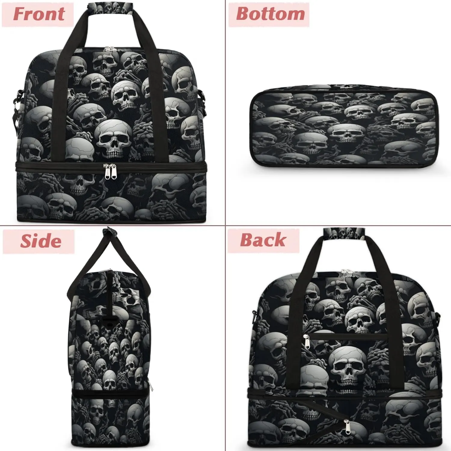 Sports Duffel Bag, Foldable Halloween Travel Duffel Bag, Gym Yoga Beach Bag Weekender Overnight Bag with Shoes Compartment for Men Women, Gothic Skull