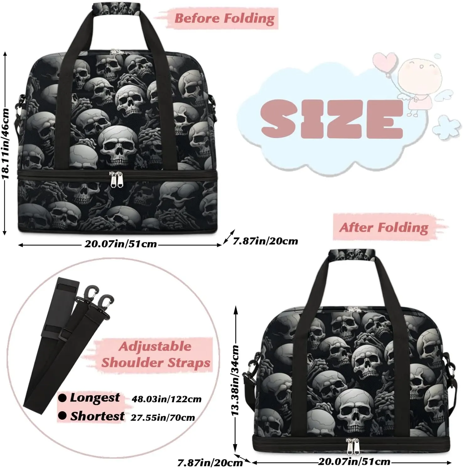 Sports Duffel Bag, Foldable Halloween Travel Duffel Bag, Gym Yoga Beach Bag Weekender Overnight Bag with Shoes Compartment for Men Women, Gothic Skull