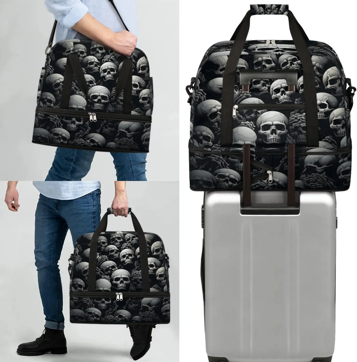 Sports Duffel Bag, Foldable Halloween Travel Duffel Bag, Gym Yoga Beach Bag Weekender Overnight Bag with Shoes Compartment for Men Women, Gothic Skull