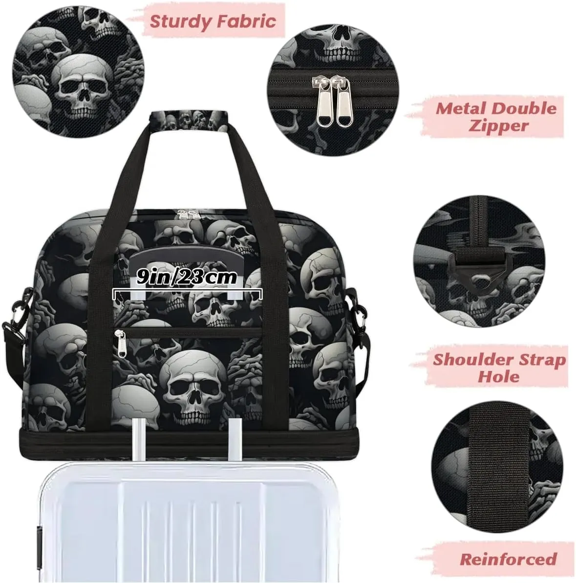 Sports Duffel Bag, Foldable Halloween Travel Duffel Bag, Gym Yoga Beach Bag Weekender Overnight Bag with Shoes Compartment for Men Women, Gothic Skull