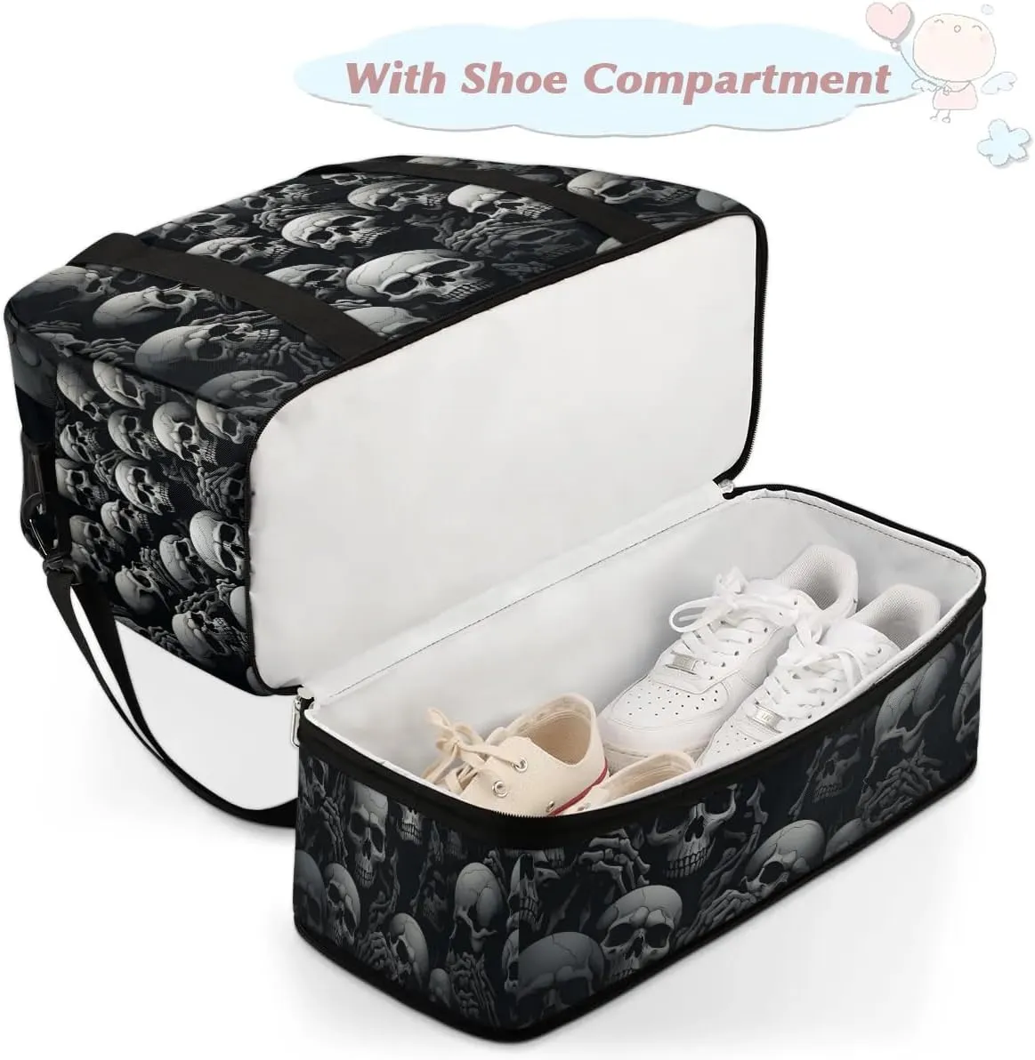 Sports Duffel Bag, Foldable Halloween Travel Duffel Bag, Gym Yoga Beach Bag Weekender Overnight Bag with Shoes Compartment for Men Women, Gothic Skull