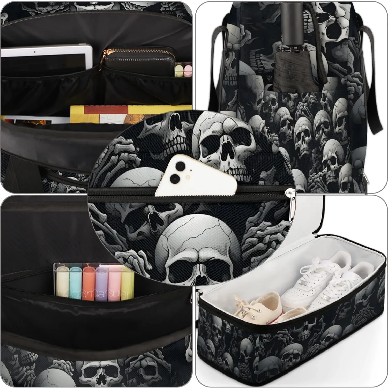 Sports Duffel Bag, Foldable Halloween Travel Duffel Bag, Gym Yoga Beach Bag Weekender Overnight Bag with Shoes Compartment for Men Women, Gothic Skull