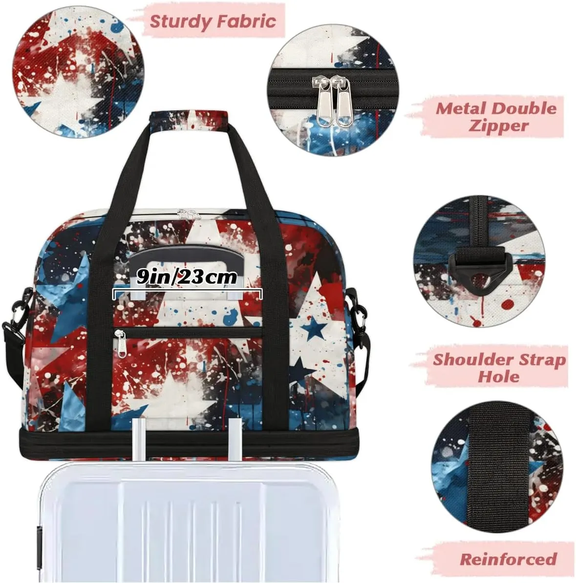 Sports Duffel Bag, Foldable Independence Day Travel Duffel Bag, Gym Yoga Beach Bag Weekender Overnight Bag with Shoes Compartment for Men Women, American Flag Stars