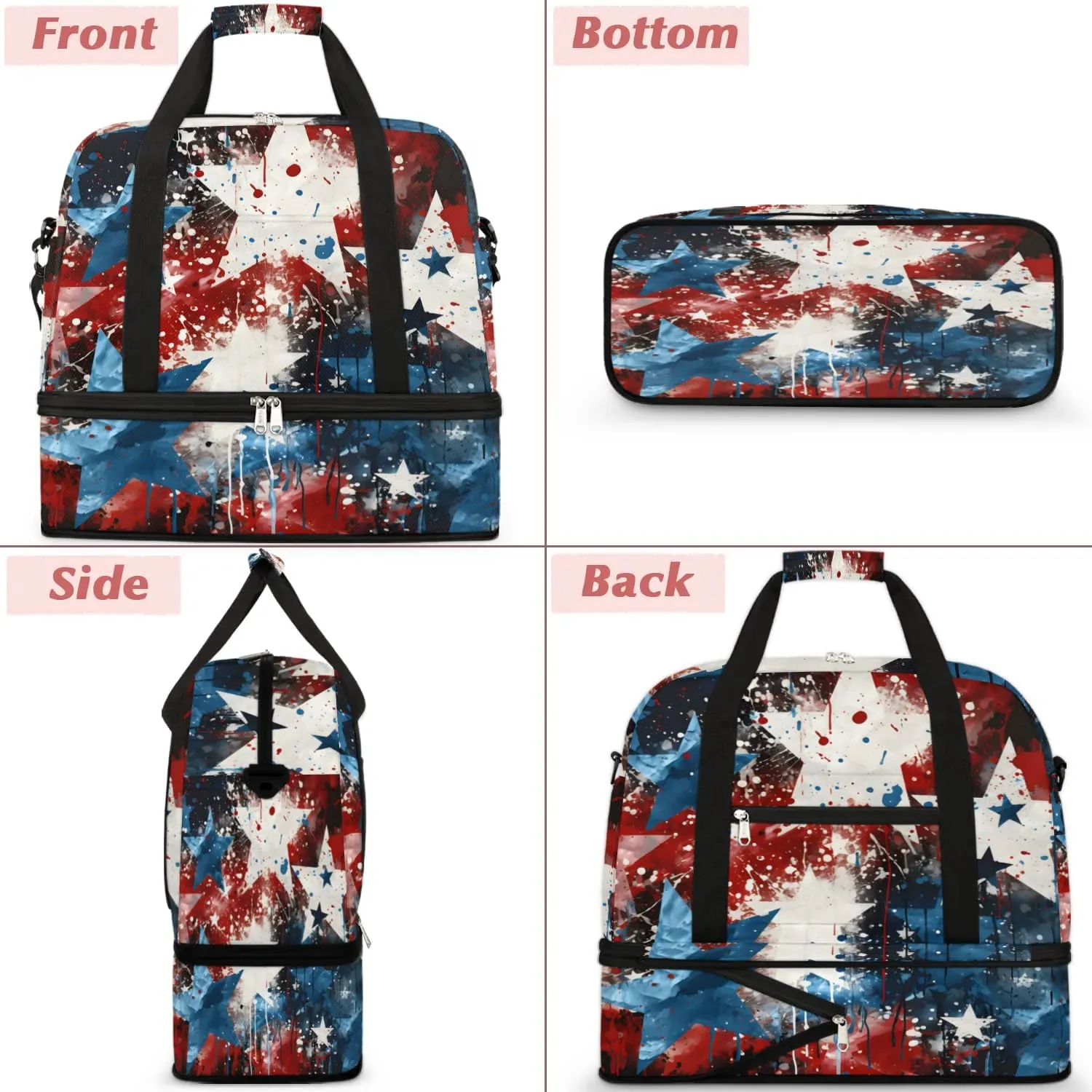 Sports Duffel Bag, Foldable Independence Day Travel Duffel Bag, Gym Yoga Beach Bag Weekender Overnight Bag with Shoes Compartment for Men Women, American Flag Stars