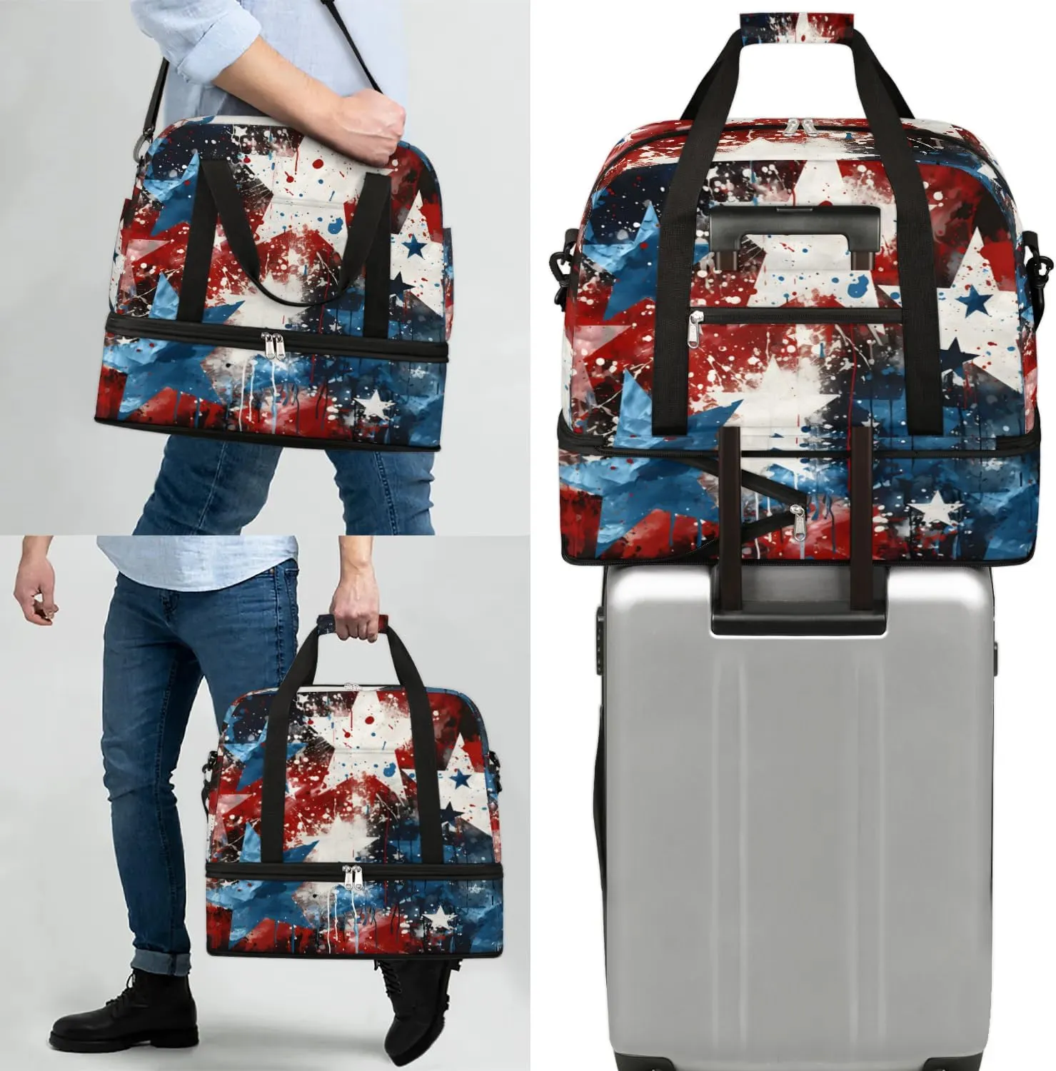 Sports Duffel Bag, Foldable Independence Day Travel Duffel Bag, Gym Yoga Beach Bag Weekender Overnight Bag with Shoes Compartment for Men Women, American Flag Stars