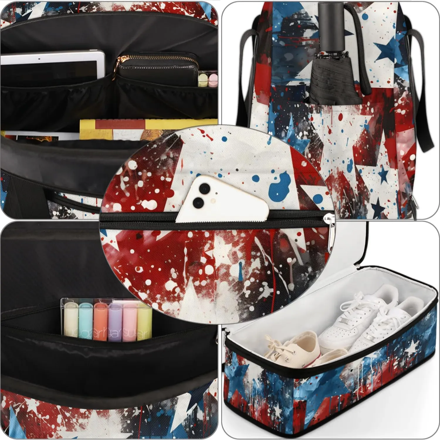 Sports Duffel Bag, Foldable Independence Day Travel Duffel Bag, Gym Yoga Beach Bag Weekender Overnight Bag with Shoes Compartment for Men Women, American Flag Stars