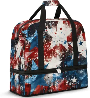 Sports Duffel Bag, Foldable Independence Day Travel Duffel Bag, Gym Yoga Beach Bag Weekender Overnight Bag with Shoes Compartment for Men Women, American Flag Stars