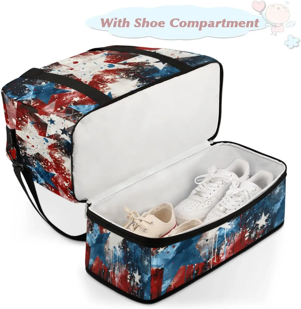 Sports Duffel Bag, Foldable Independence Day Travel Duffel Bag, Gym Yoga Beach Bag Weekender Overnight Bag with Shoes Compartment for Men Women, American Flag Stars