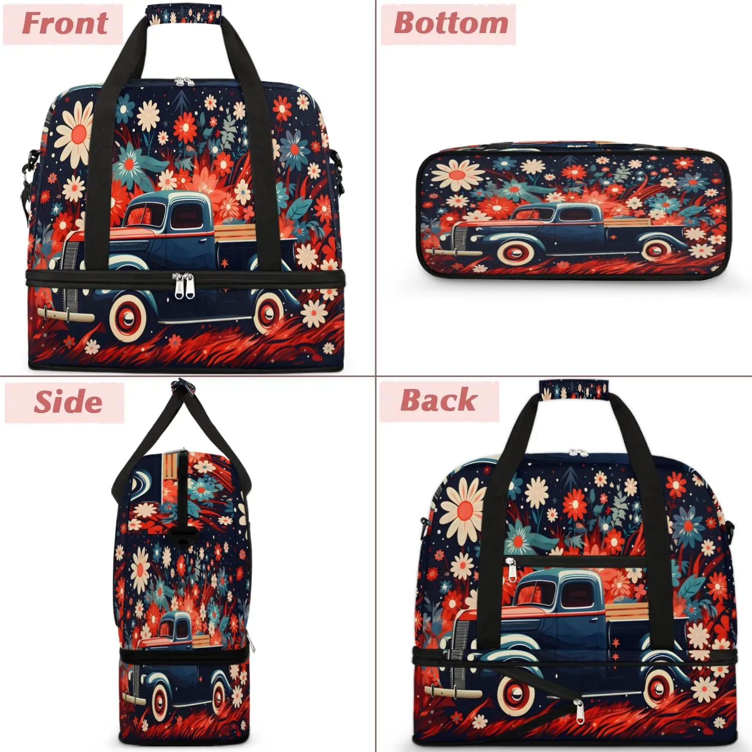 Sports Duffel Bag, Foldable Independence Day Travel Duffel Bag, Gym Yoga Beach Bag Weekender Overnight Bag with Shoes Compartment for Men Women, Memorial Day Red Truck