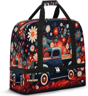 Sports Duffel Bag, Foldable Independence Day Travel Duffel Bag, Gym Yoga Beach Bag Weekender Overnight Bag with Shoes Compartment for Men Women, Memorial Day Red Truck