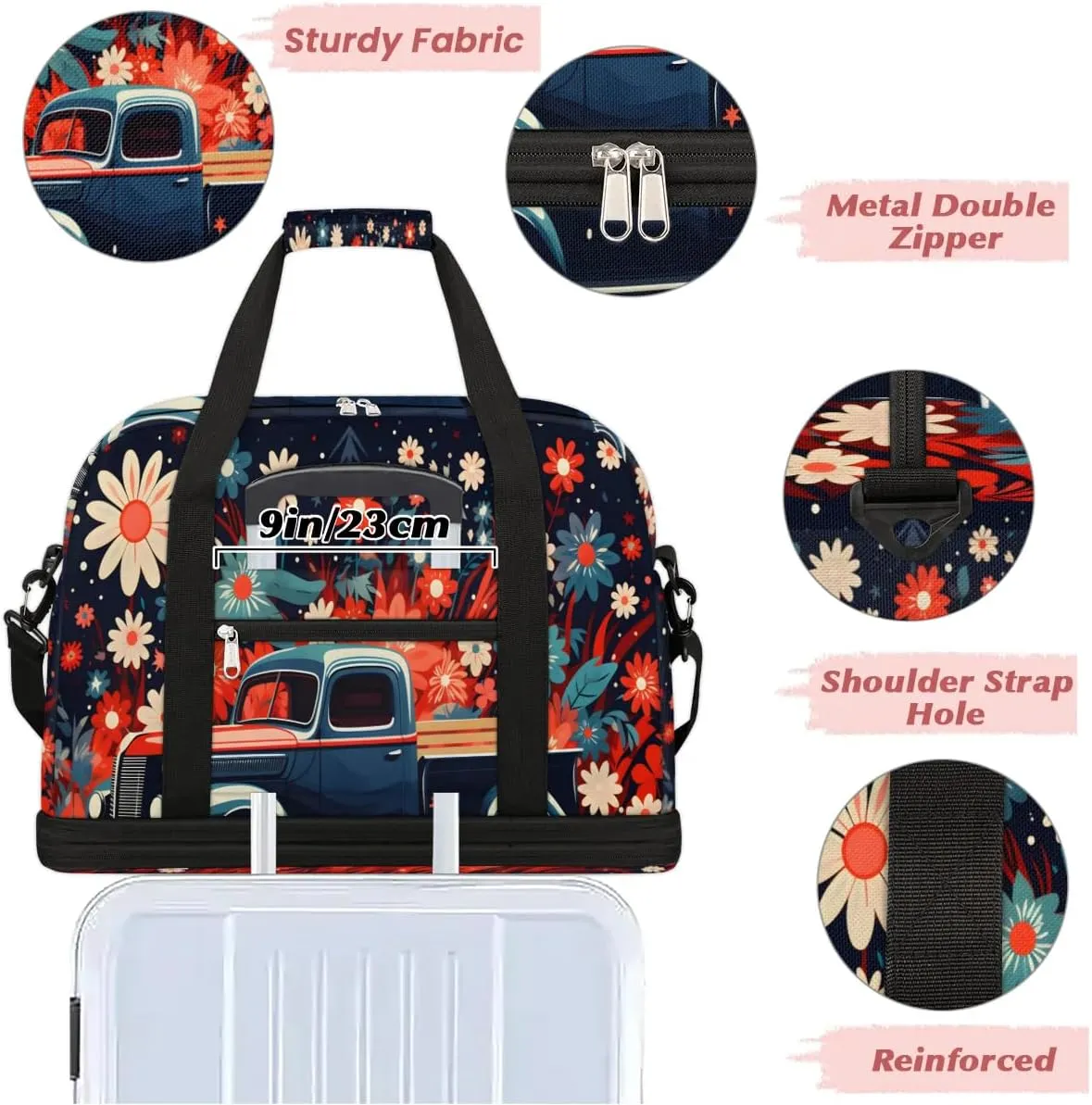Sports Duffel Bag, Foldable Independence Day Travel Duffel Bag, Gym Yoga Beach Bag Weekender Overnight Bag with Shoes Compartment for Men Women, Memorial Day Red Truck
