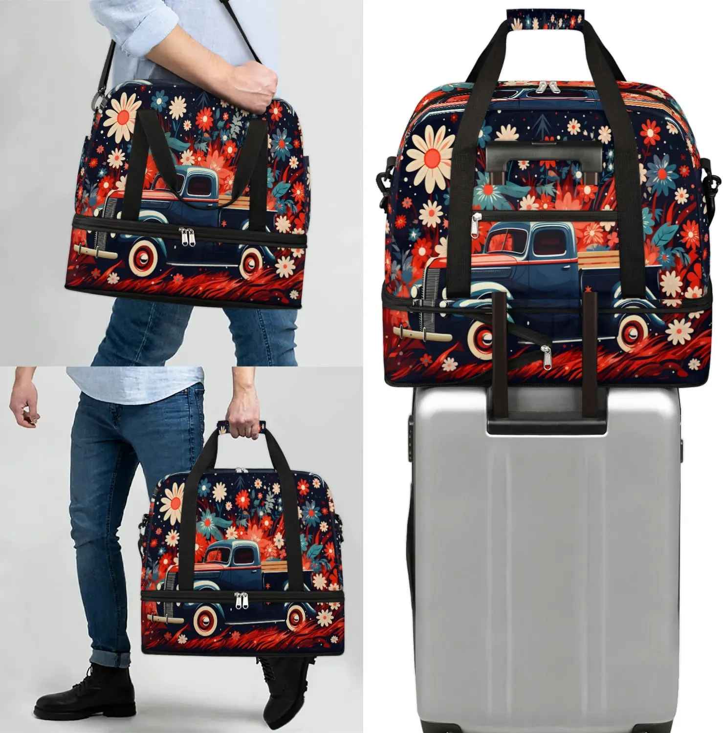Sports Duffel Bag, Foldable Independence Day Travel Duffel Bag, Gym Yoga Beach Bag Weekender Overnight Bag with Shoes Compartment for Men Women, Memorial Day Red Truck