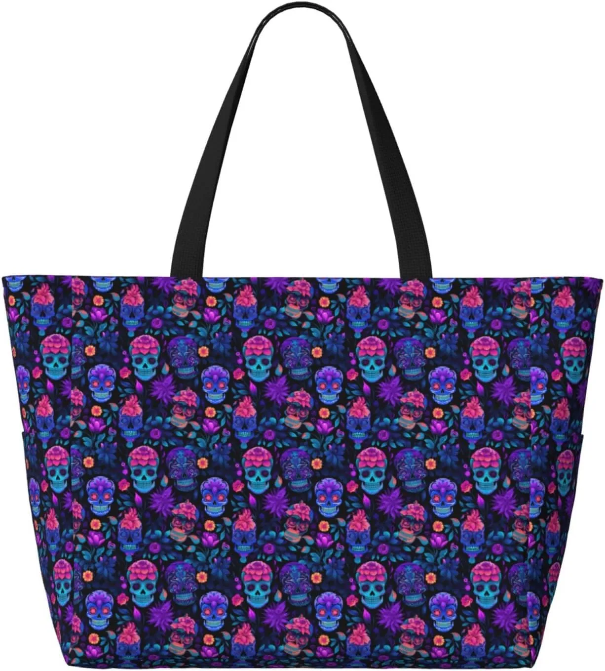 Sugar Skull Day of The Dead Flowers Large Capacity Travel Bag Lightweight Shopping Handbag Beach Tote Bags Work Bag