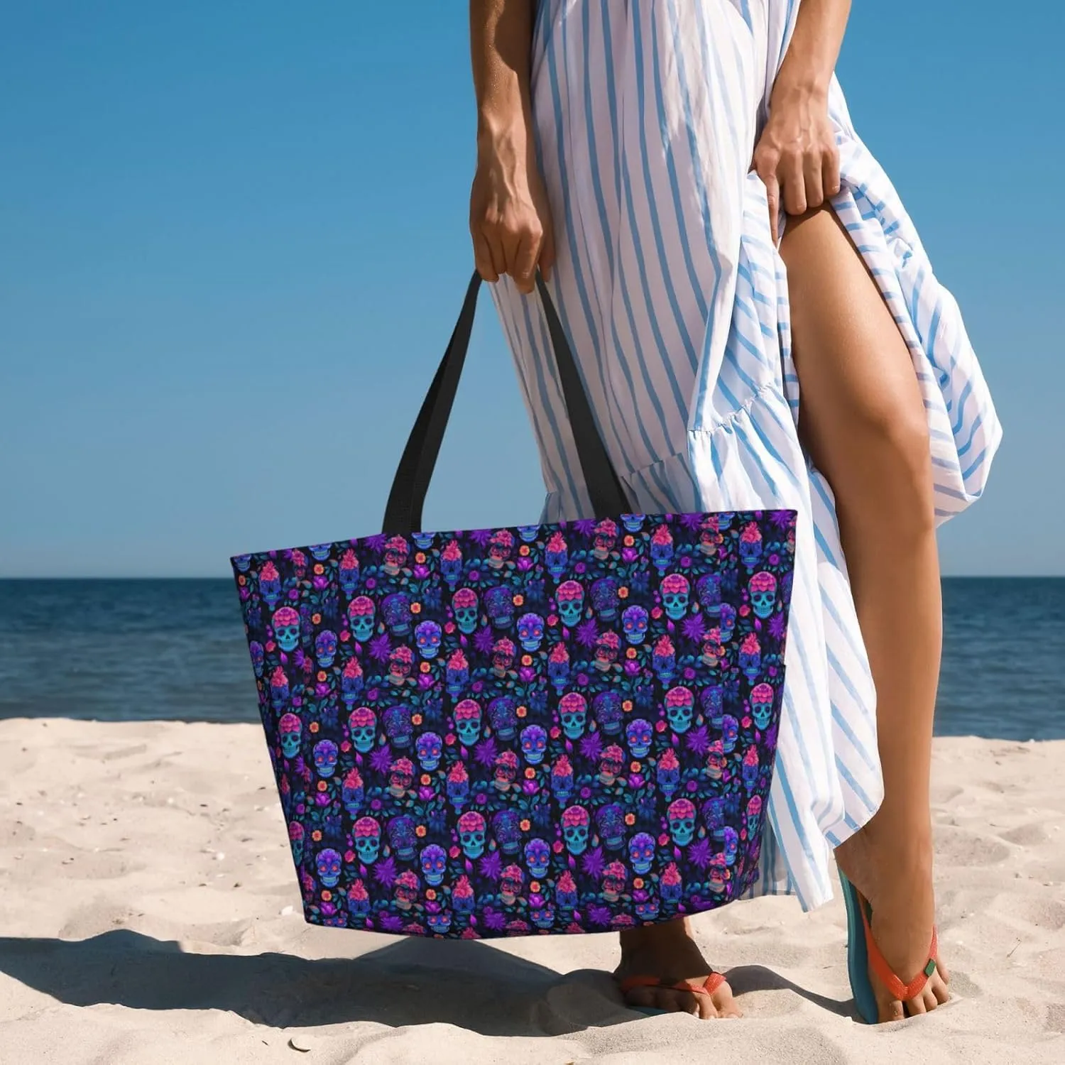 Sugar Skull Day of The Dead Flowers Large Capacity Travel Bag Lightweight Shopping Handbag Beach Tote Bags Work Bag