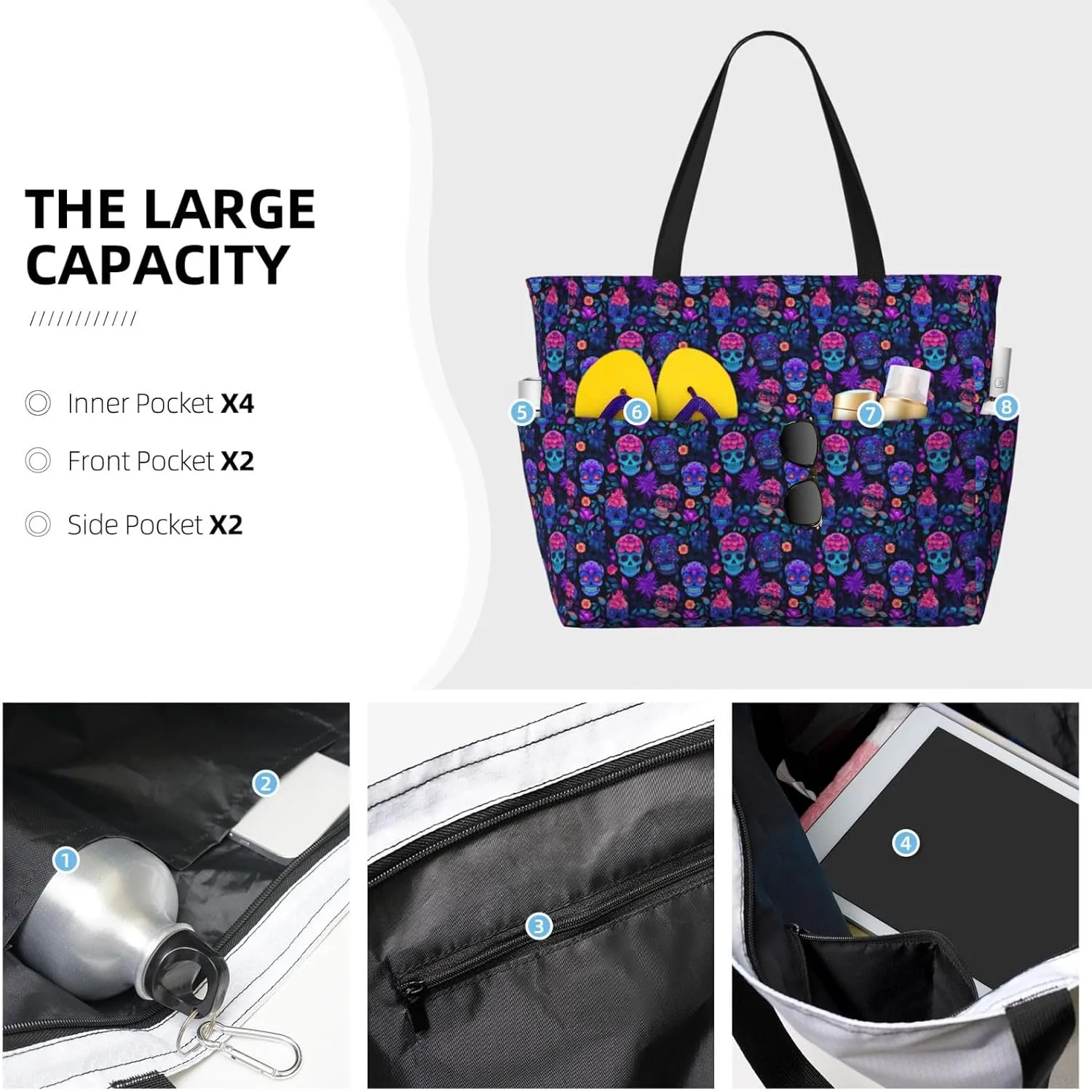 Sugar Skull Day of The Dead Flowers Large Capacity Travel Bag Lightweight Shopping Handbag Beach Tote Bags Work Bag