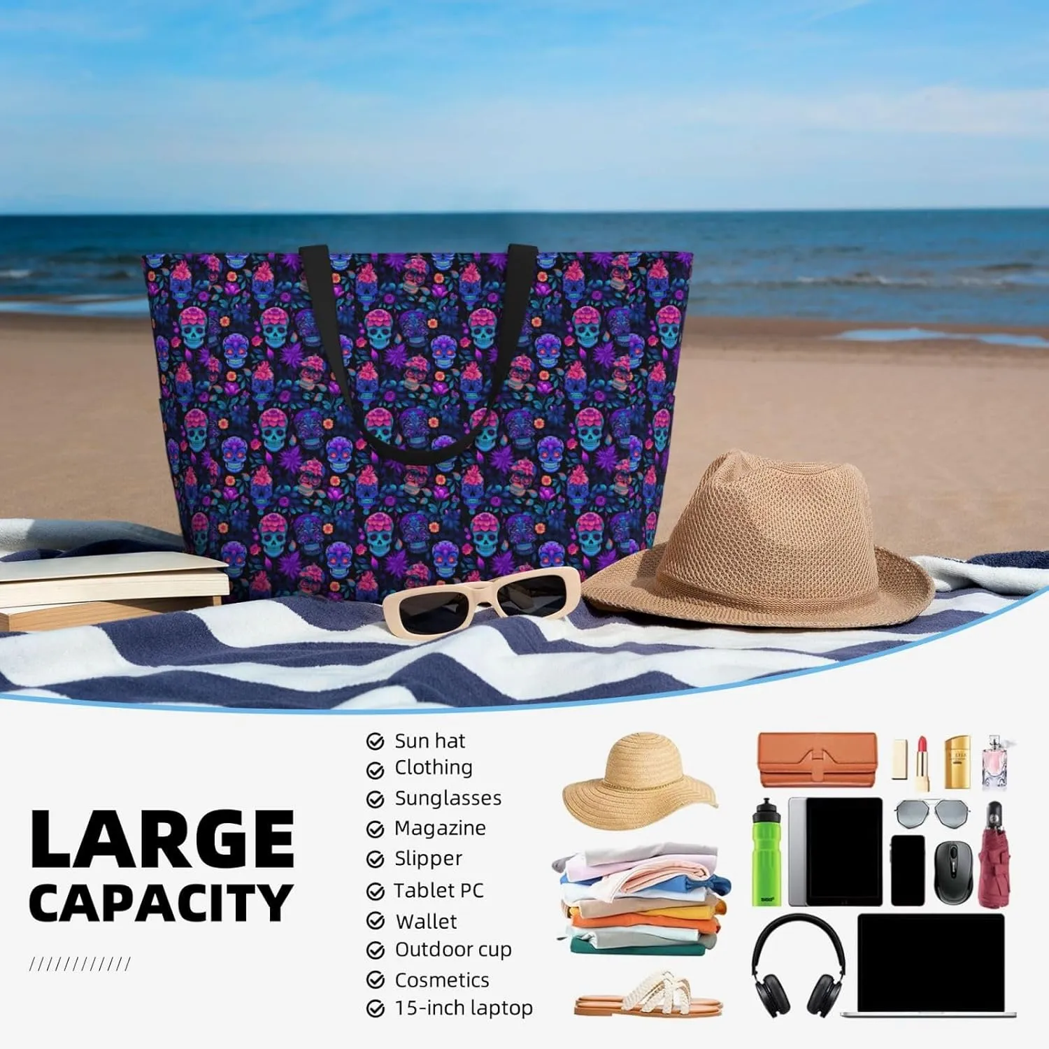 Sugar Skull Day of The Dead Flowers Large Capacity Travel Bag Lightweight Shopping Handbag Beach Tote Bags Work Bag