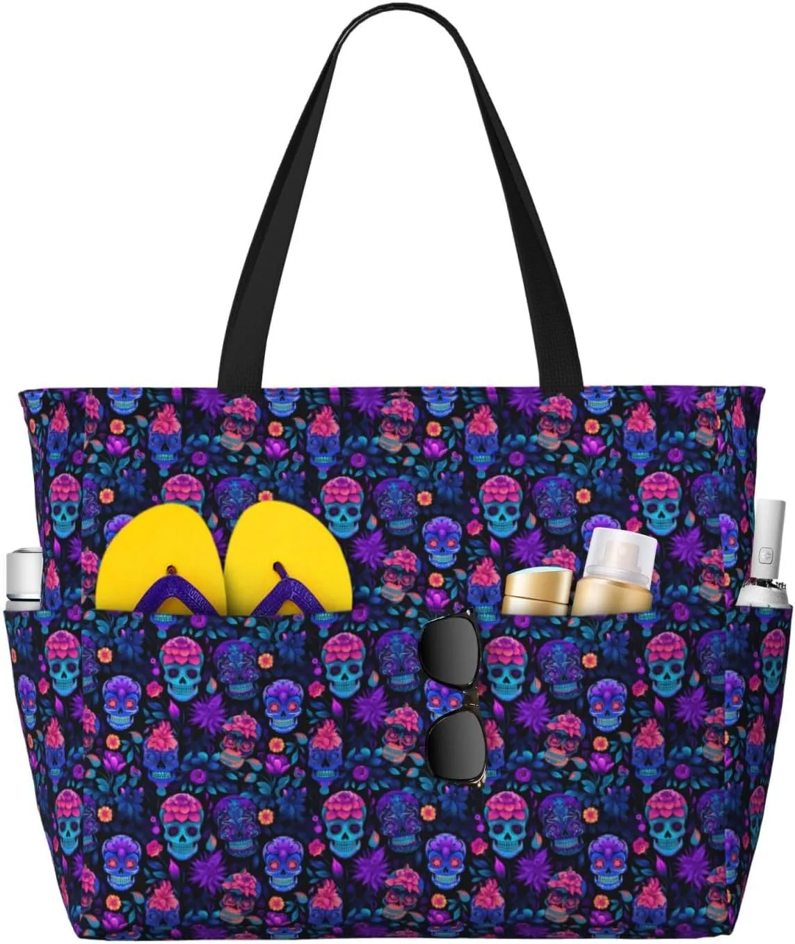 Sugar Skull Day of The Dead Flowers Large Capacity Travel Bag Lightweight Shopping Handbag Beach Tote Bags Work Bag