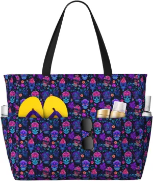 Sugar Skull Day of The Dead Flowers Large Capacity Travel Bag Lightweight Shopping Handbag Beach Tote Bags Work Bag