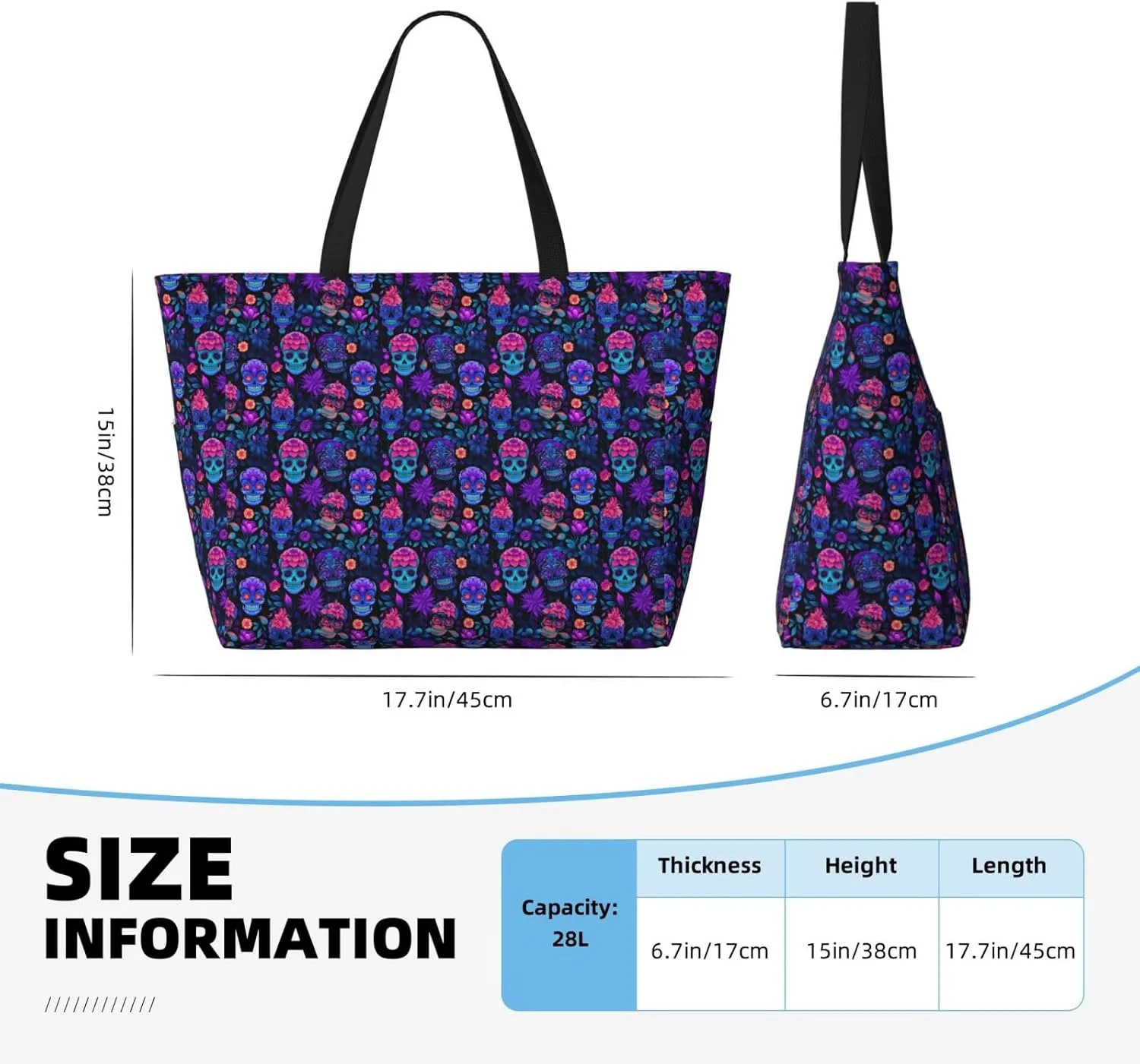 Sugar Skull Day of The Dead Flowers Large Capacity Travel Bag Lightweight Shopping Handbag Beach Tote Bags Work Bag