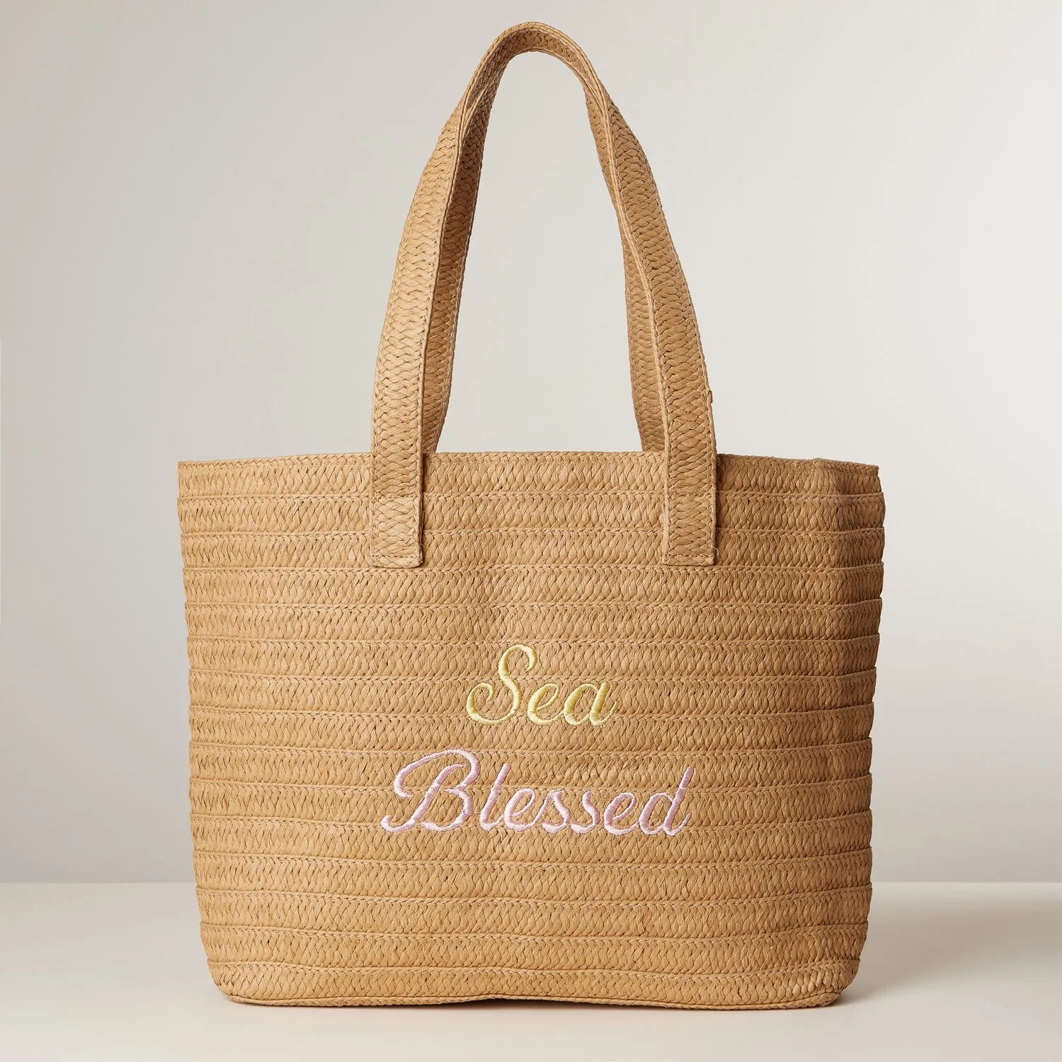 Sun Blessed Embroidered Raffia Tote Bag with Tassel Charm