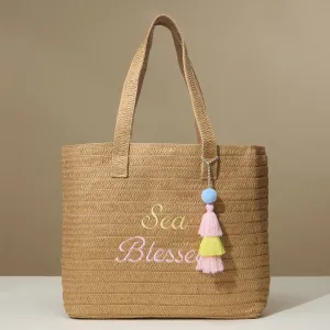 Sun Blessed Embroidered Raffia Tote Bag with Tassel Charm