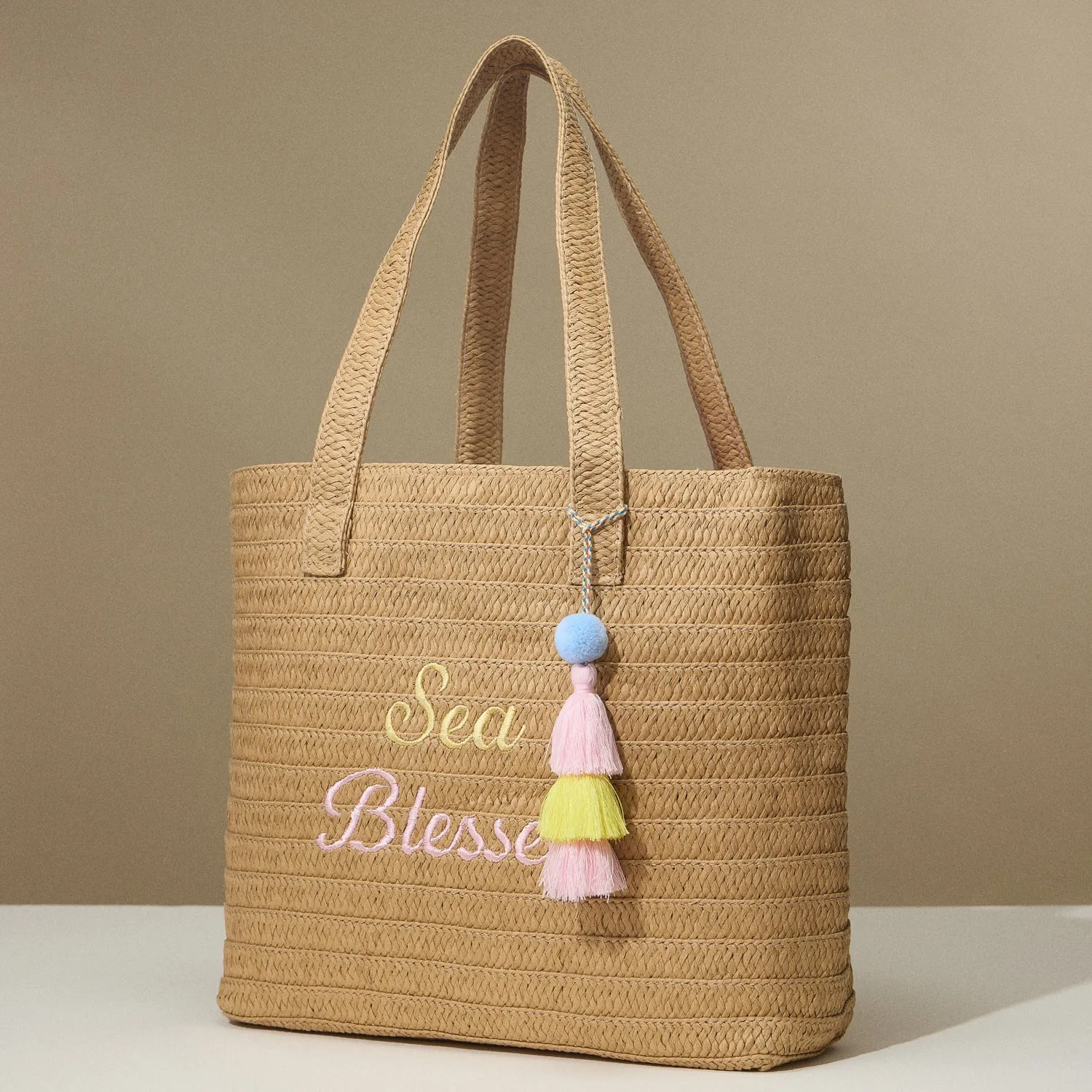 Sun Blessed Embroidered Raffia Tote Bag with Tassel Charm