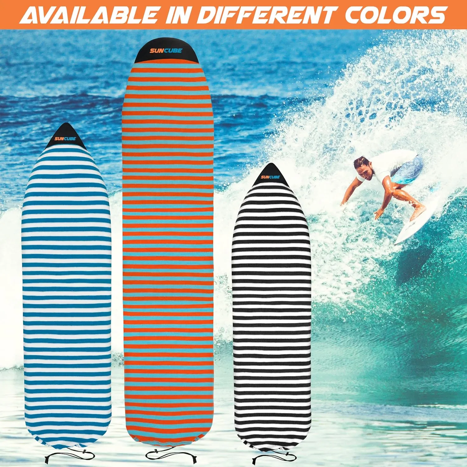 SUN CUBE Surfboard Sock Cover, Protective Surf Bag for Surfing Board, Light Stretchy Surfbag Sleeve for Longboard, Hybrid (8'6'', Black White)
