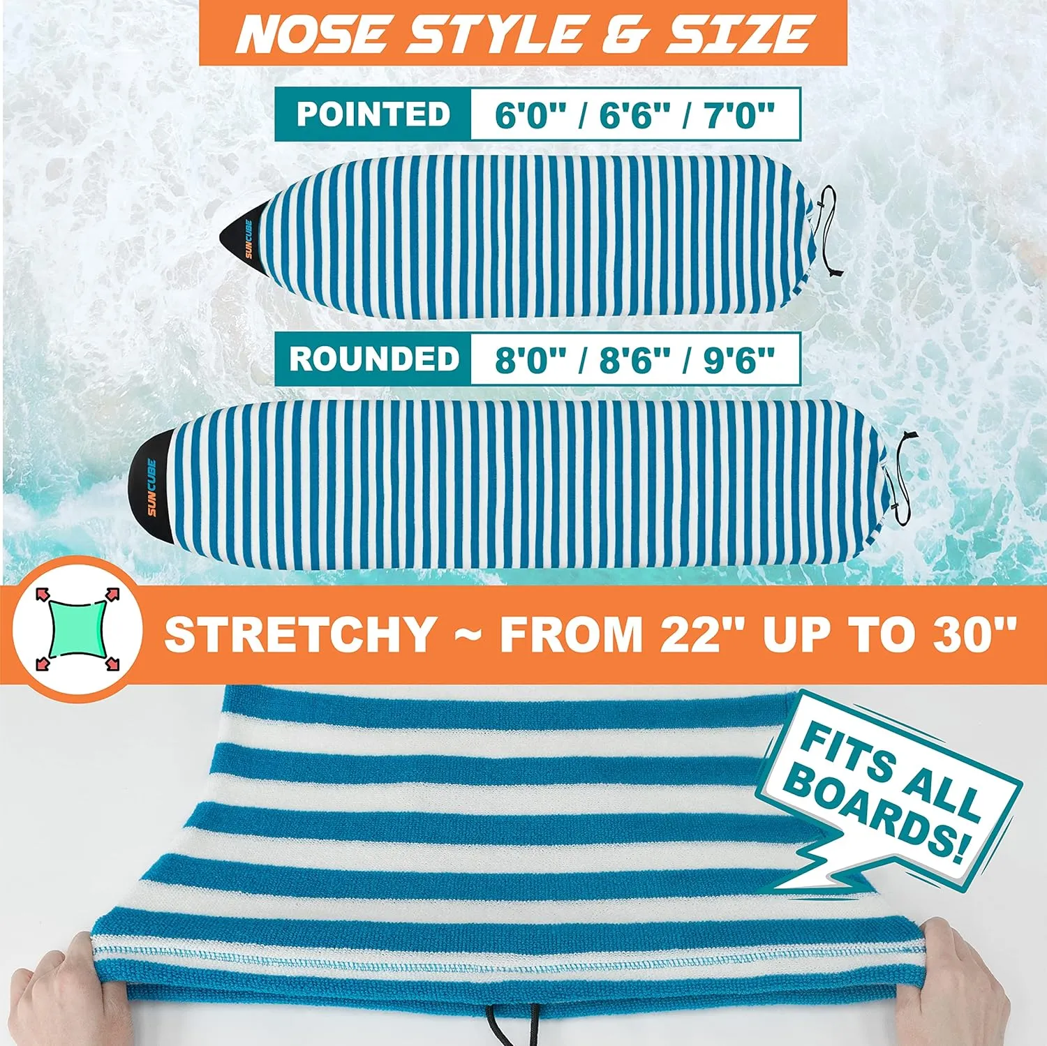 SUN CUBE Surfboard Sock Cover, Protective Surf Bag for Surfing Board, Light Stretchy Surfbag Sleeve for Longboard, Hybrid (8'6'', Black White)