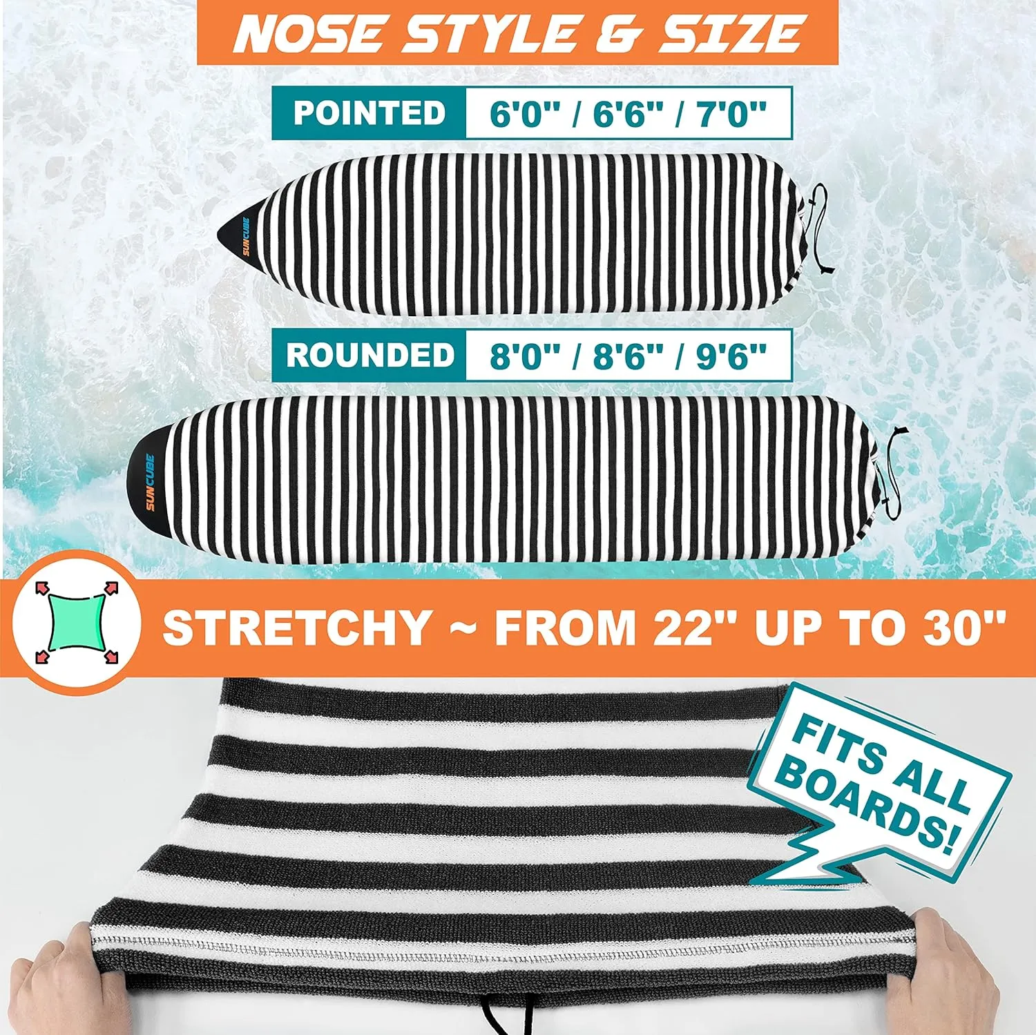 SUN CUBE Surfboard Sock Cover, Protective Surf Bag for Surfing Board, Light Stretchy Surfbag Sleeve for Longboard, Hybrid (8'6'', Black White)