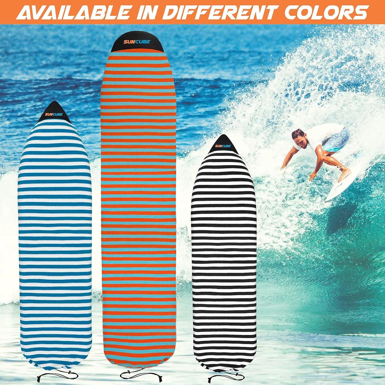 SUN CUBE Surfboard Sock Cover, Protective Surf Bag for Surfing Board, Light Stretchy Surfbag Sleeve for Longboard, Hybrid (8'6'', Black White)