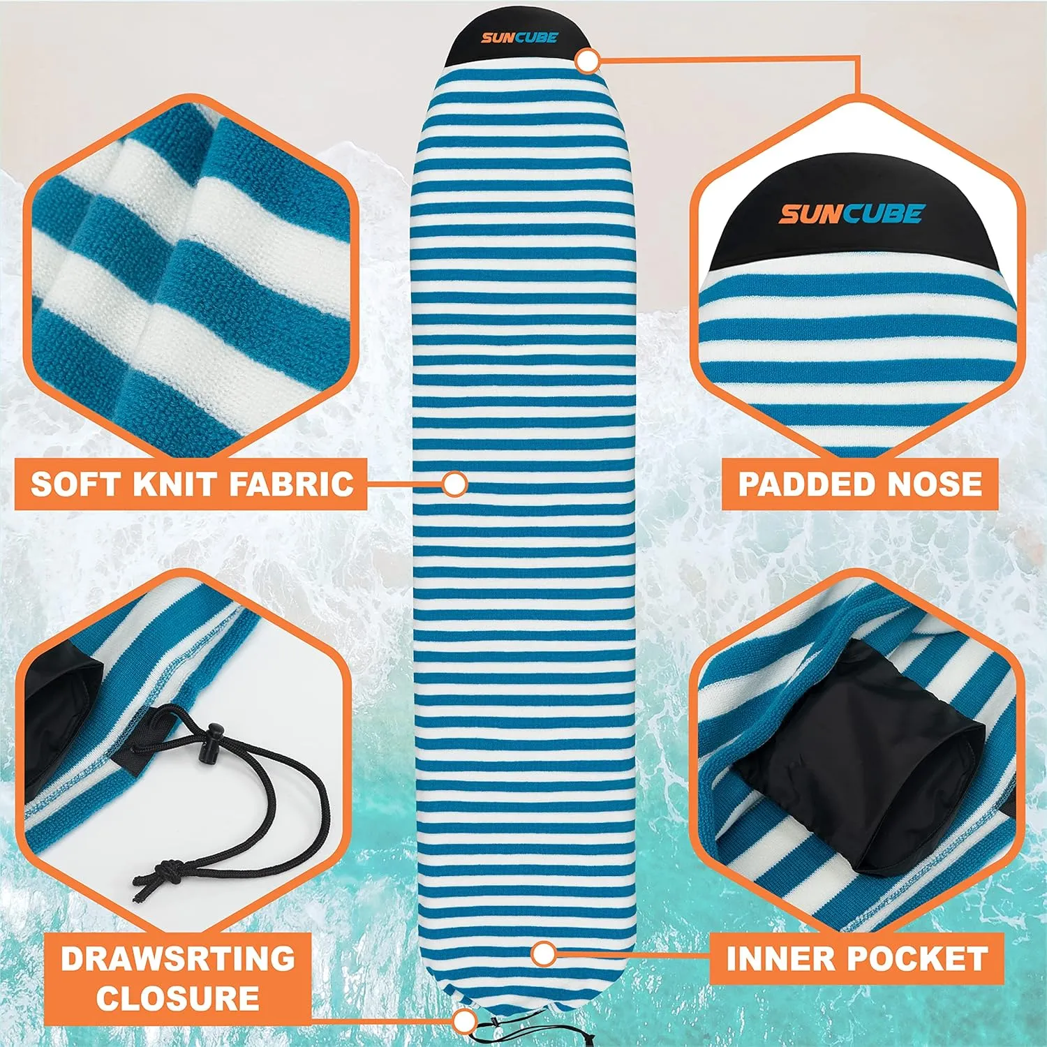 SUN CUBE Surfboard Sock Cover, Protective Surf Bag for Surfing Board, Light Stretchy Surfbag Sleeve for Longboard, Hybrid (8'6'', Black White)