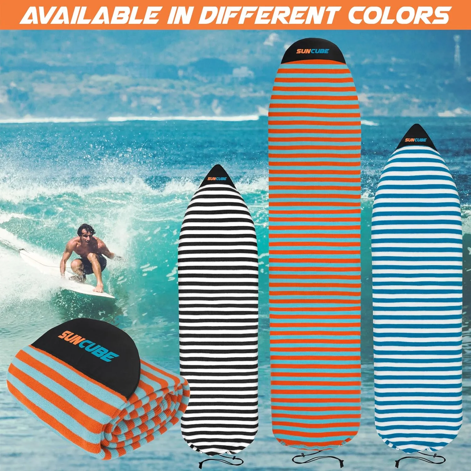 SUN CUBE Surfboard Sock Cover, Surf Bag for Surfing Board, Protective Stretchy Surf Bag Sock Sleeve for Longboard, Hybrid, Shortboard