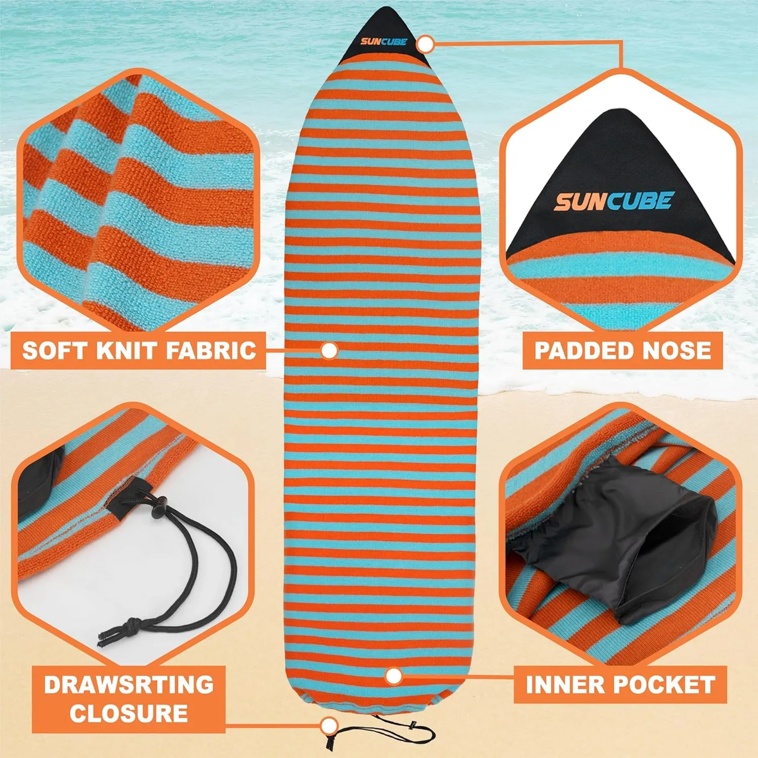 SUN CUBE Surfboard Sock Cover, Surf Bag for Surfing Board, Protective Stretchy Surf Bag Sock Sleeve for Longboard, Hybrid, Shortboard