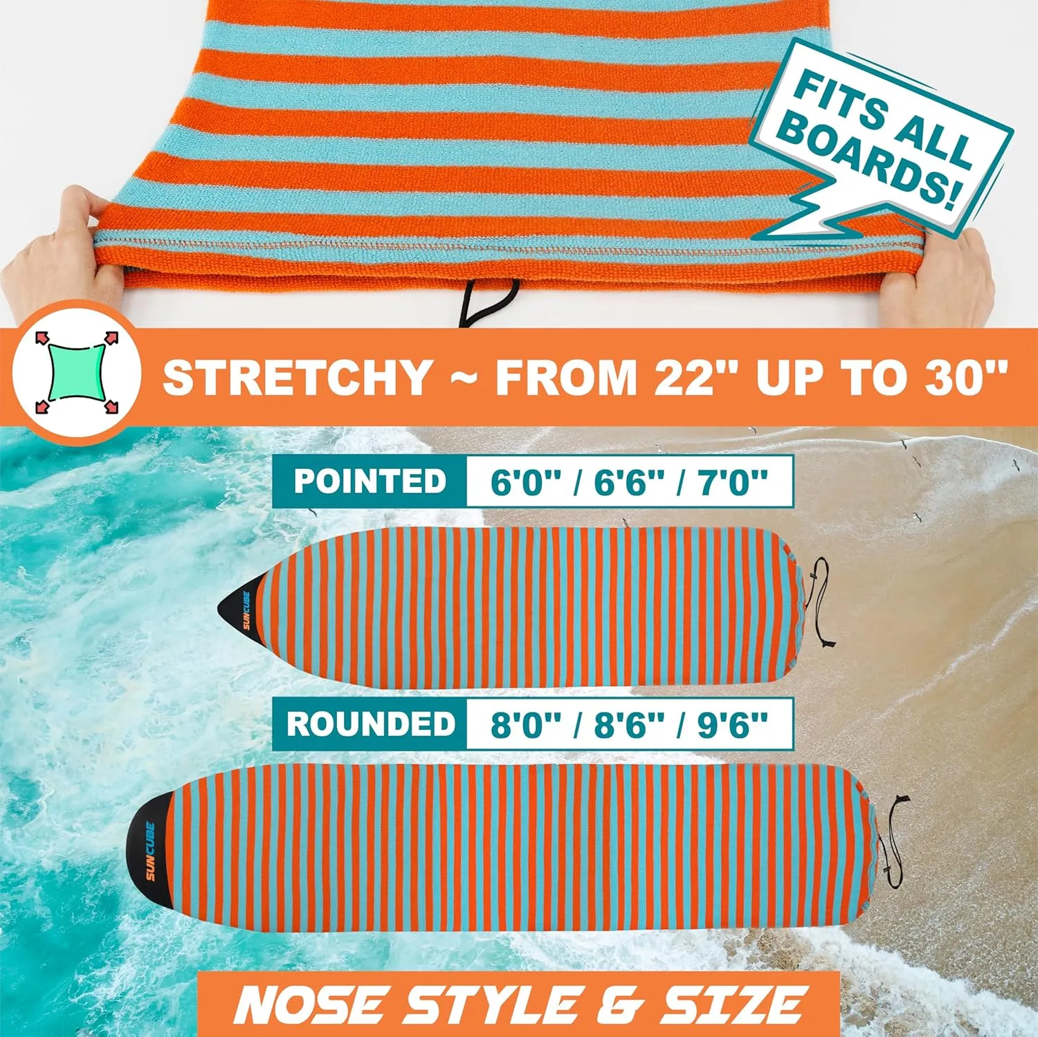 SUN CUBE Surfboard Sock Cover, Surf Bag for Surfing Board, Protective Stretchy Surf Bag Sock Sleeve for Longboard, Hybrid, Shortboard