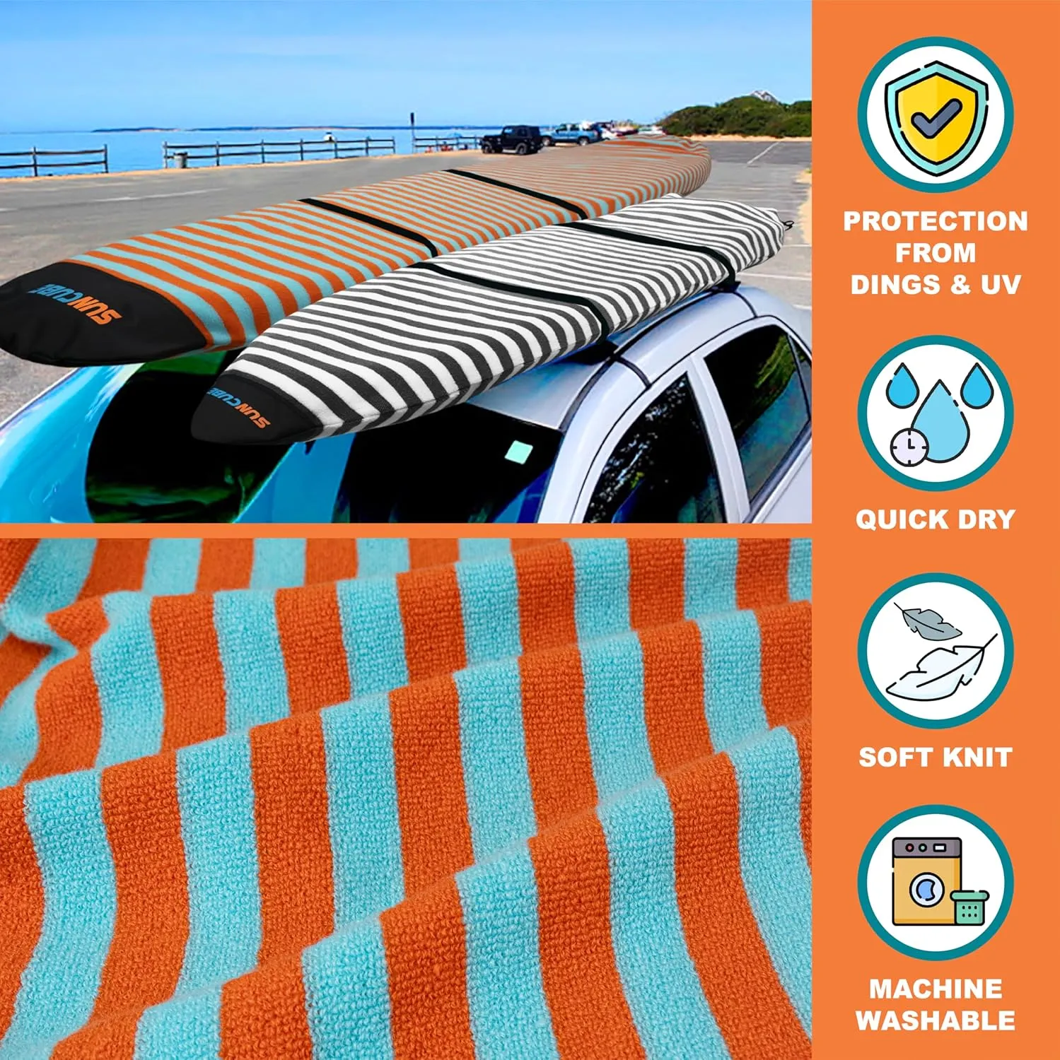 SUN CUBE Surfboard Sock Cover, Surf Bag for Surfing Board, Protective Stretchy Surf Bag Sock Sleeve for Longboard, Hybrid, Shortboard