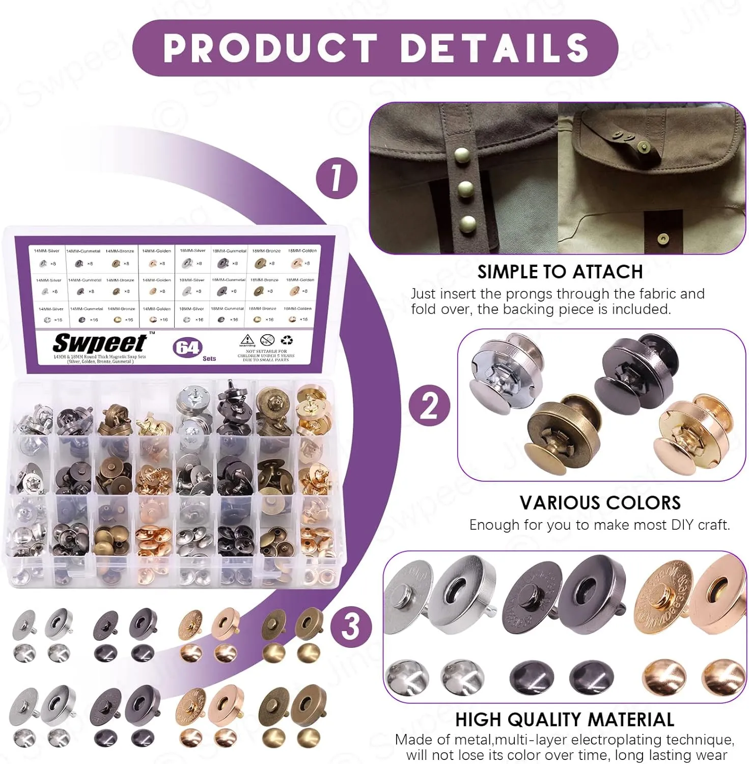 Swpeet 64 Sets 14/18mm Round Strong Magnetic Button Clasps Snaps, Metal Fastener Clasps Gold Silver Bronze Black DIY Craft Sewing Knitting Buttons Sets for Sewing, Purses, Bags, Clothes, Leather