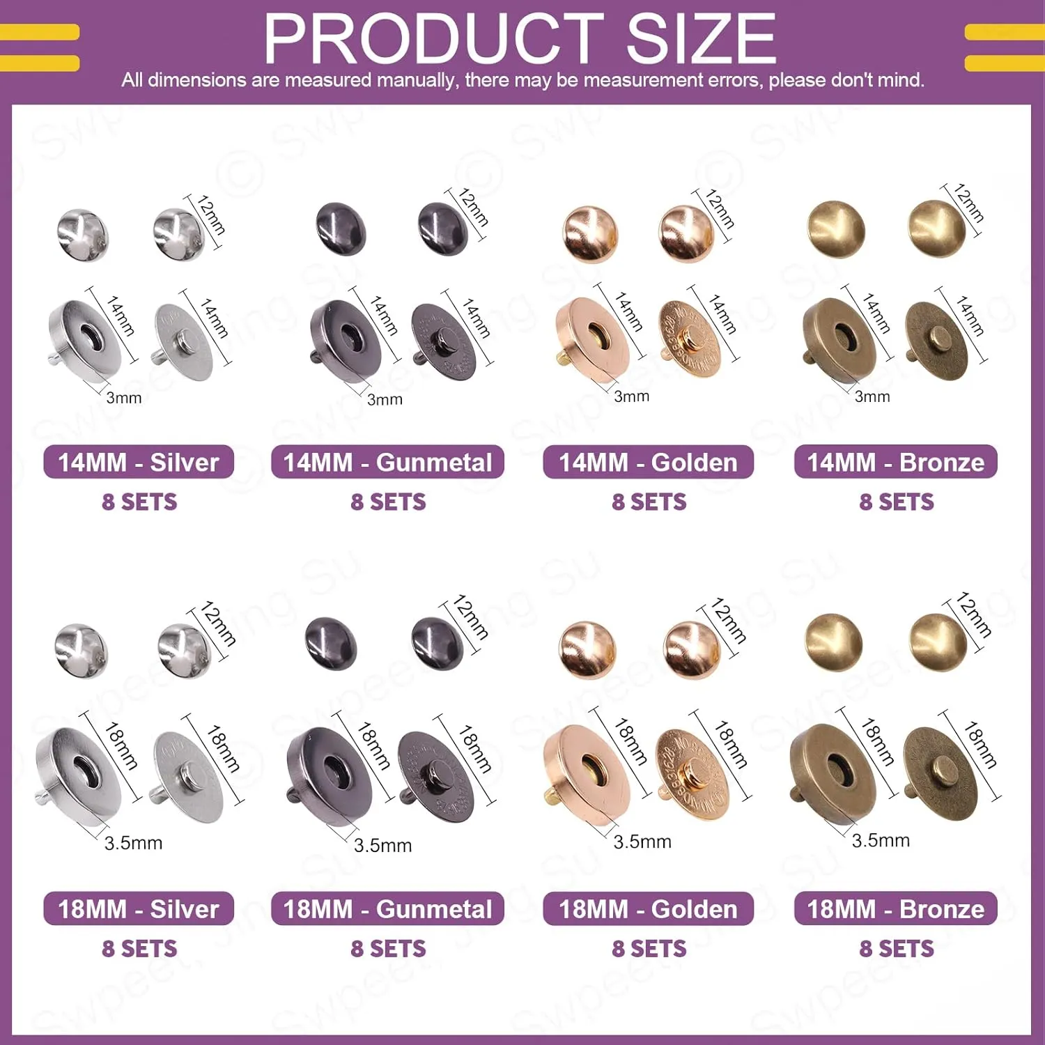 Swpeet 64 Sets 14/18mm Round Strong Magnetic Button Clasps Snaps, Metal Fastener Clasps Gold Silver Bronze Black DIY Craft Sewing Knitting Buttons Sets for Sewing, Purses, Bags, Clothes, Leather